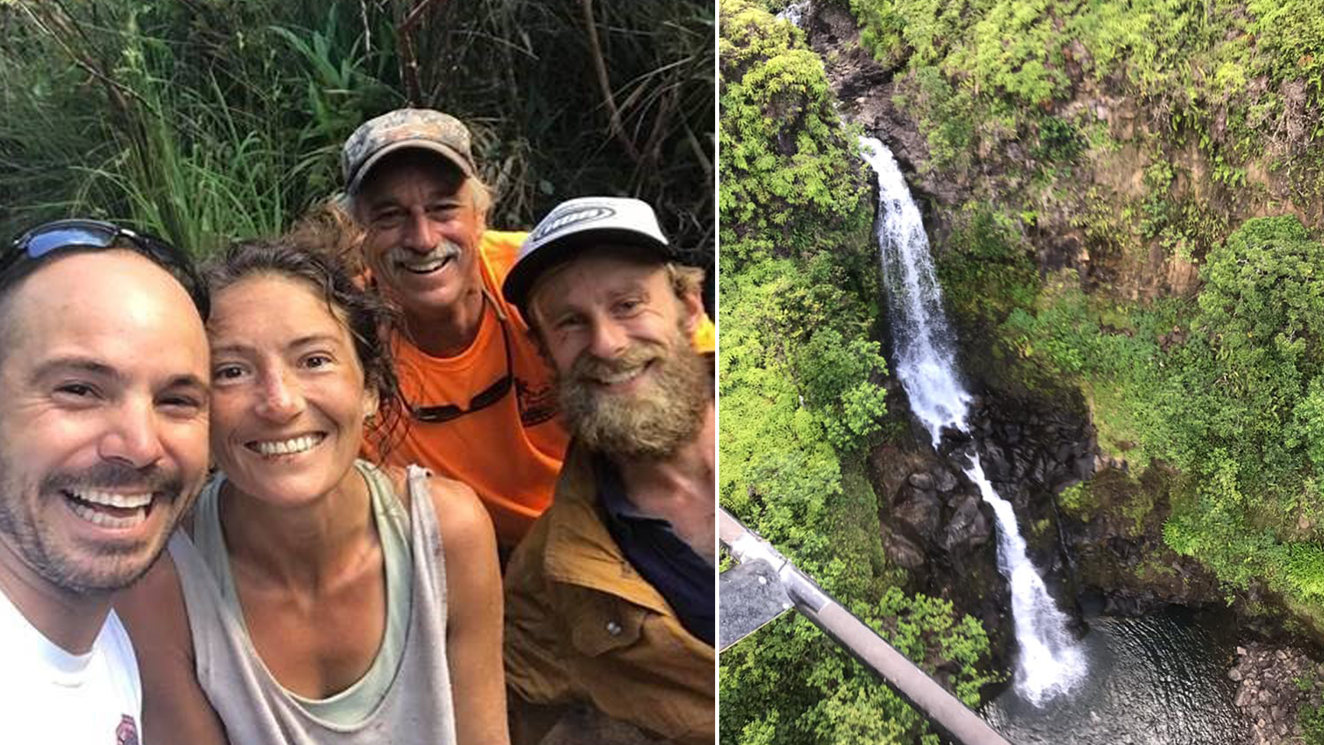 Amanda Eller, 35, is seen with rescuers, on the left, and the area she was found, on the right, in are seen in photos posted to the Find Amanda Facebook page.