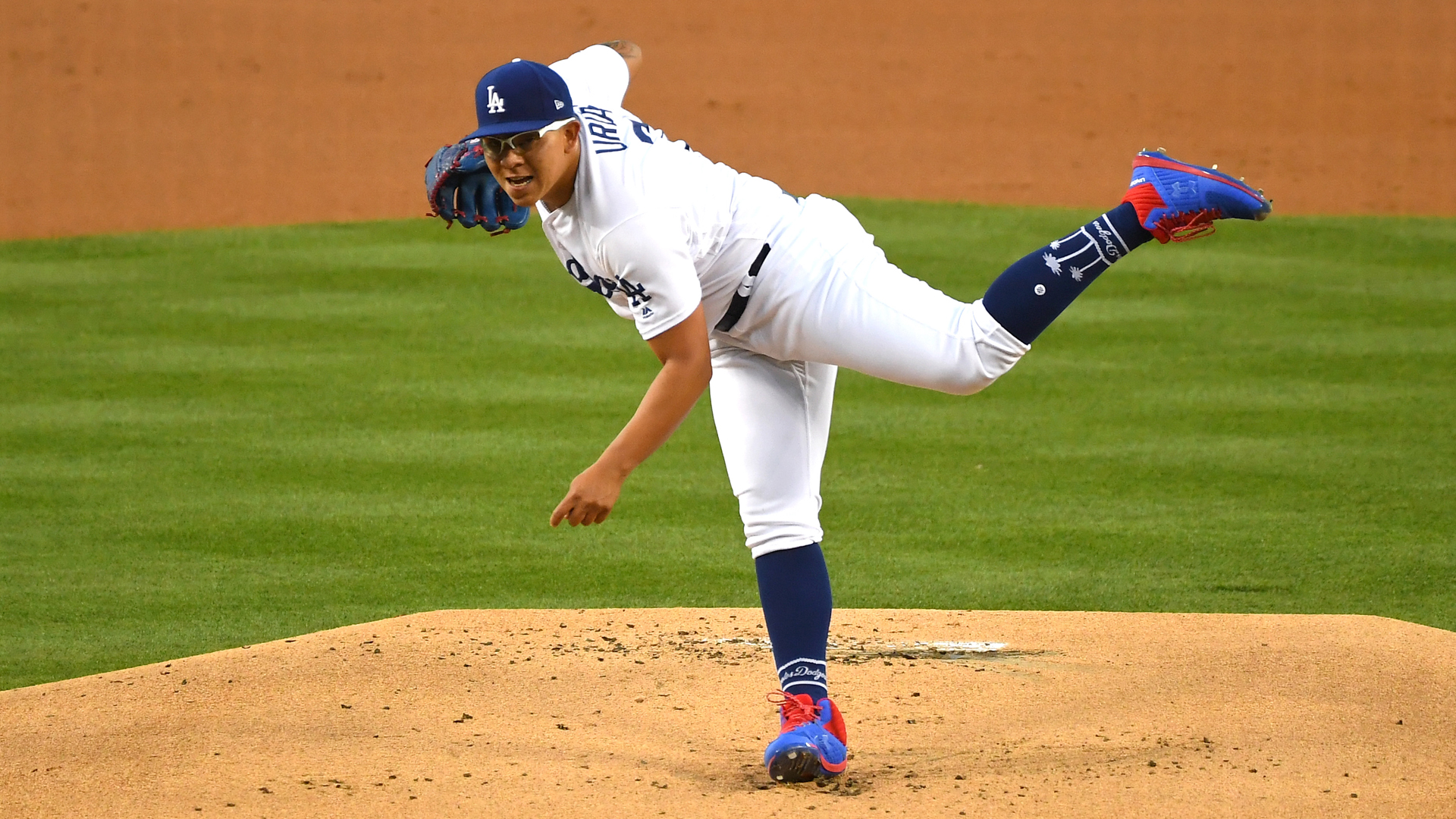 Julio Urias of the Los Angeles Dodgers pitches in the first inning of the game against the Milwaukee Brewers at Dodger Stadium on April 12, 2019. (Credit: Jayne Kamin-Oncea/Getty Images)