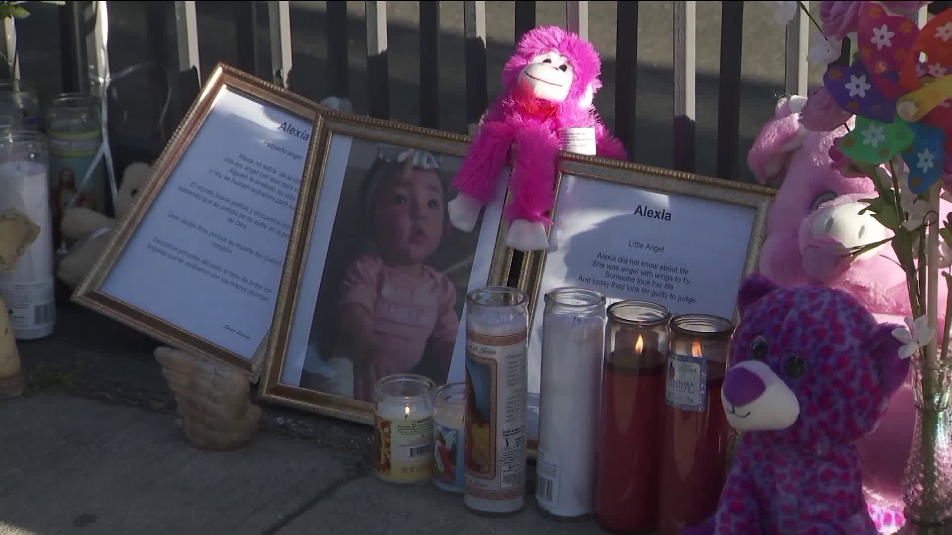 A memorial for 8-month-old Alexia Rose Echeverria is seen near the Bellflower mortuary where her body was found. (Credit: KTLA)