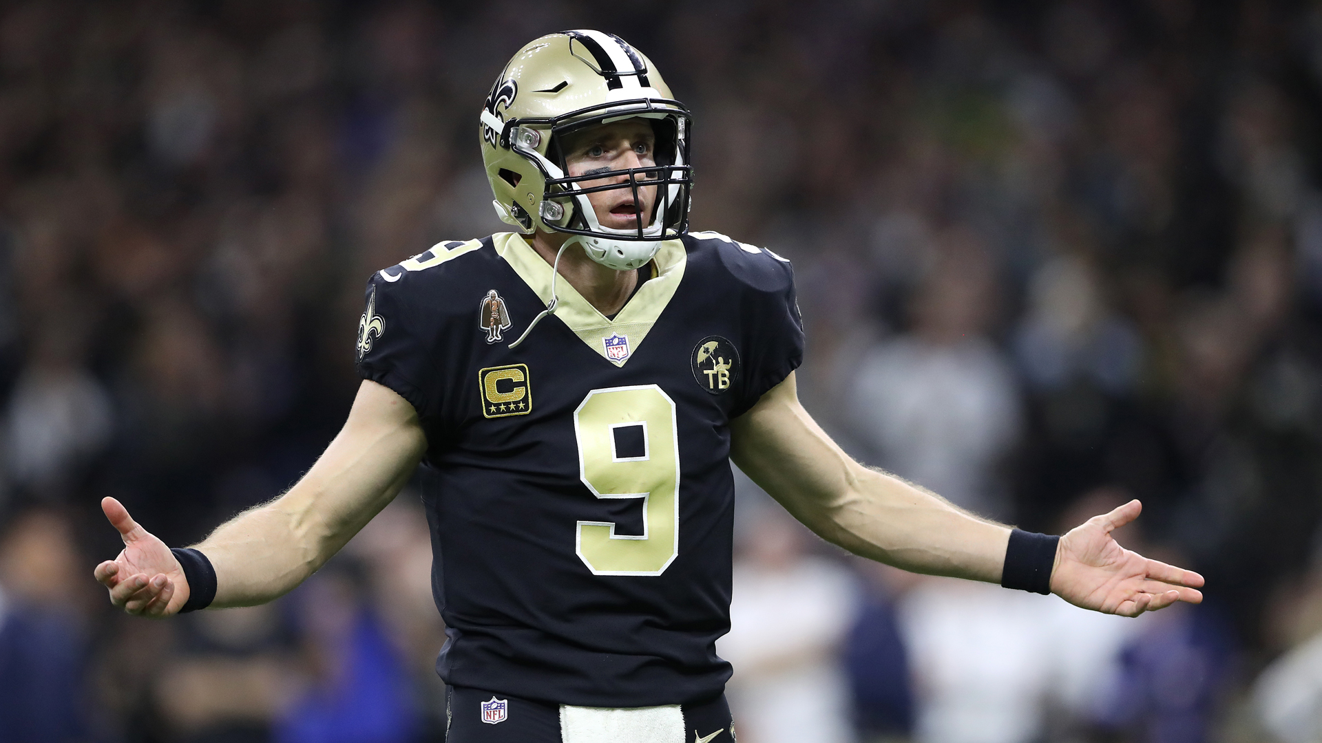 Drew Brees #9 of the New Orleans Saints reacts against the Los Angeles Rams during the fourth quarter in the NFC Championship game at the Mercedes-Benz Superdome on January 20, 2019 in New Orleans, Louisiana. (Credit: Streeter Lecka/Getty Images)