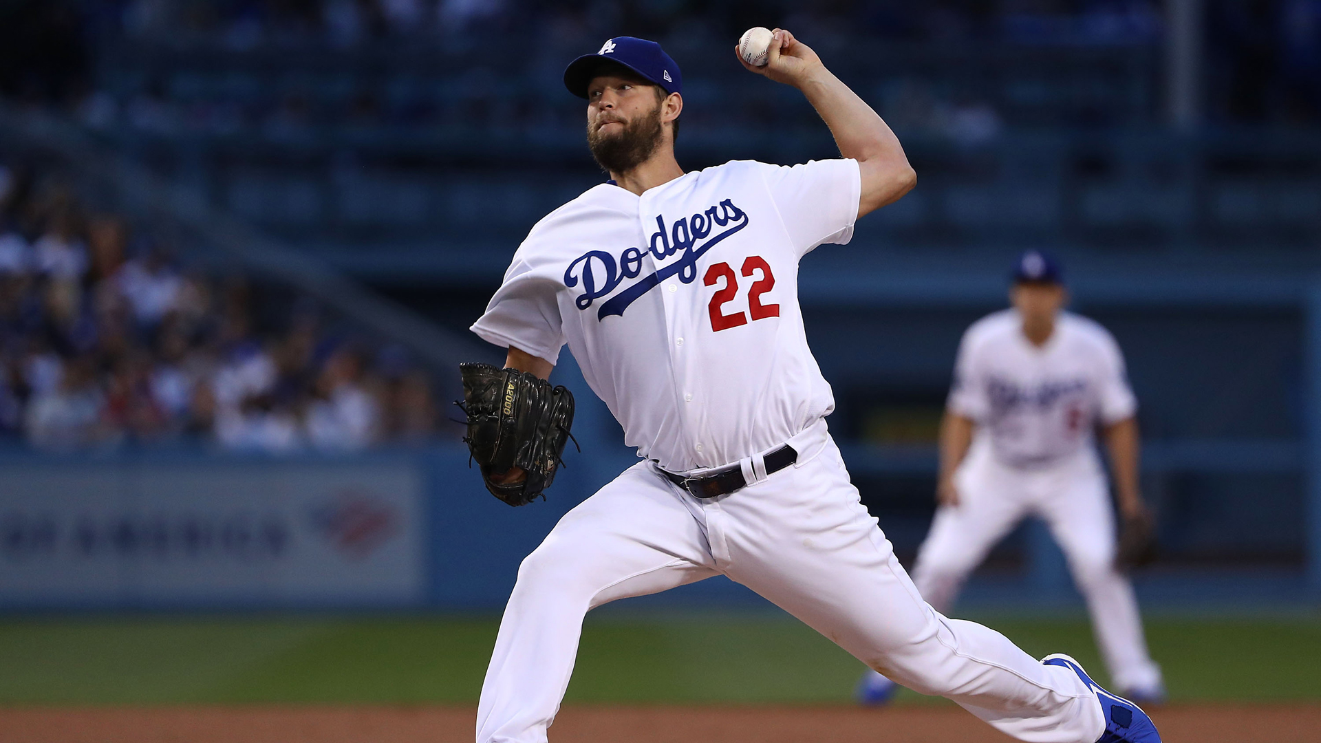 Pitcher Clayton Kershaw #22 of the Los Angeles Dodgers pitches in the second inning of the MLB game against the Philadelphia Phillies at Dodger Stadium on June 01, 2019 in Los Angeles, California. (Credit: Victor Decolongon/Getty Images)