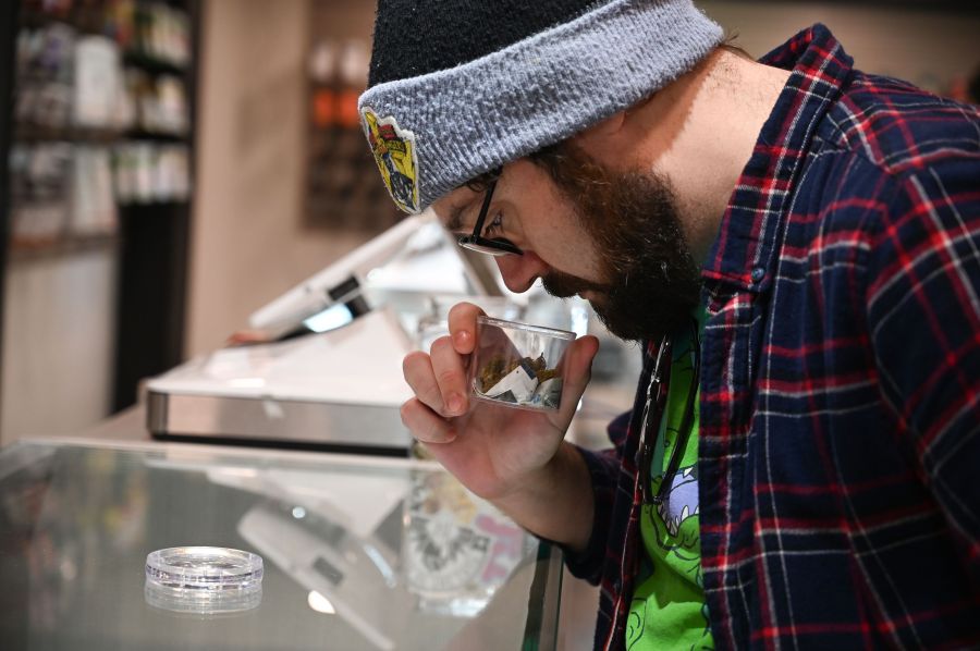 Cannabis tourist Dan Chlebanowski smells marijuana for sale at a dispensary in Los Angeles on Jan. 24, 2019. (Credit: Robyn Beck / AFP / Getty Images)