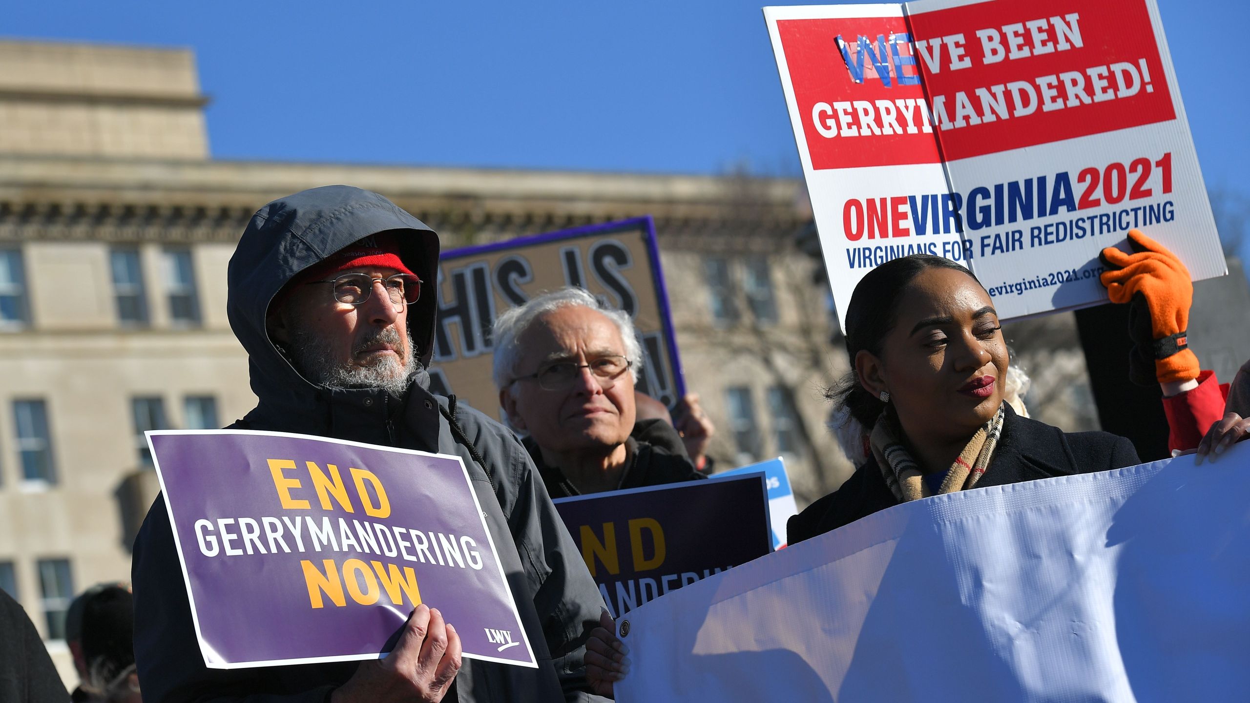 People gather during a rally to coincide with the Supreme Court hearings on the redistricting cases in Maryland and North Carolina, in front of the US Supreme Court in Washington, DC on March 26, 2019. (Credit: MANDEL NGAN/AFP/Getty Images)