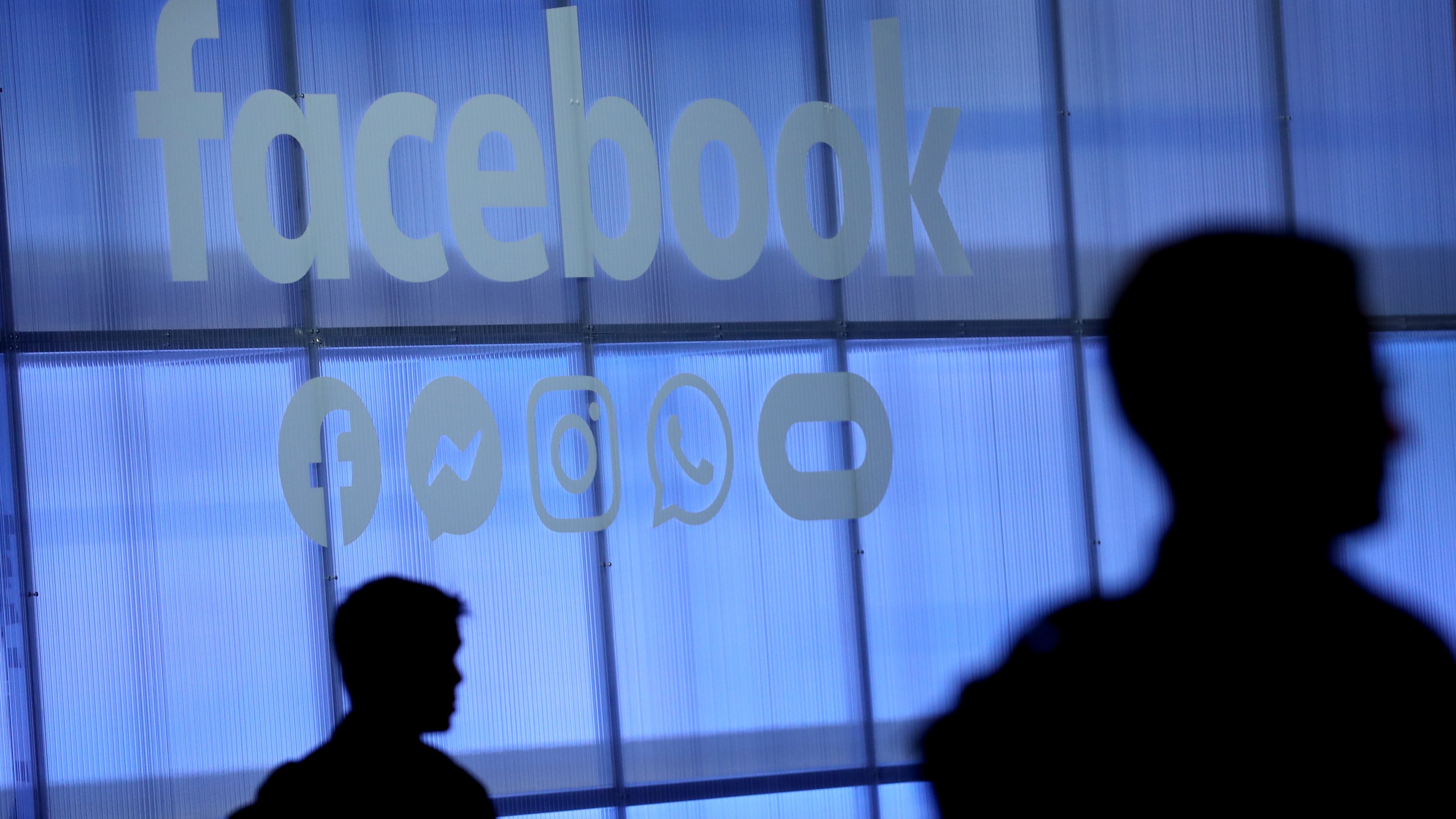 The Facebook logo is displayed during the F8 Facebook Developers conference on April 30, 2019 in San Jose. (Credit:Justin Sullivan/Getty Images)