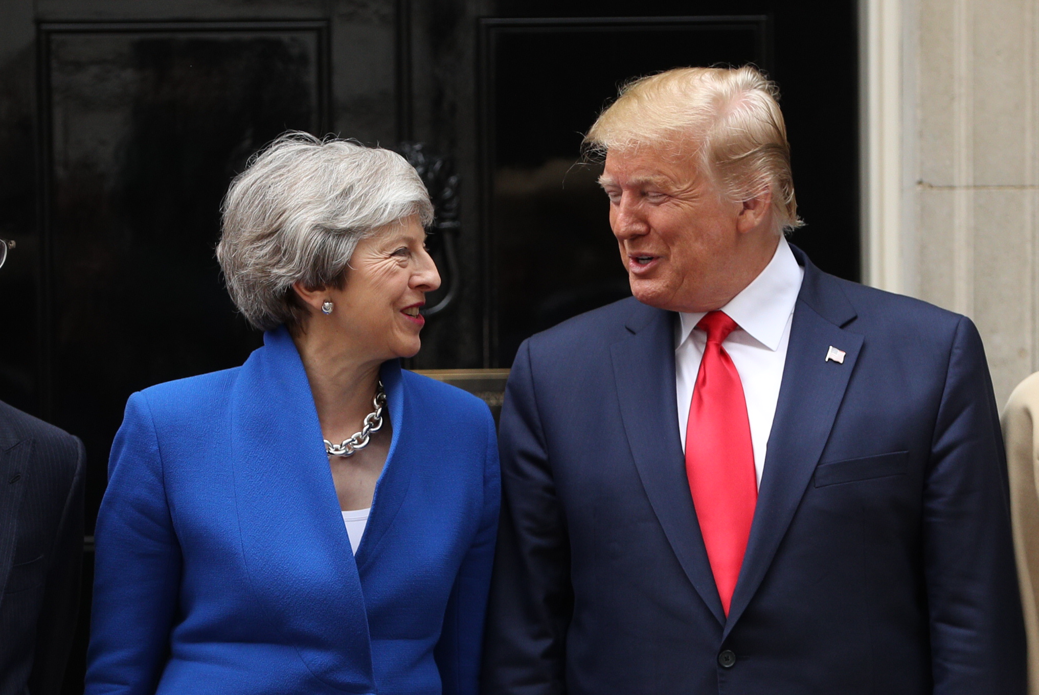 British Prime Minister Theresa May and US President Donald Trump arrive at 10 Downing street for a meeting on the second day of the U.S. President and First Lady's three-day State visit on June 4, 2019 in London, England. (Credit: Dan Kitwood/Getty Images)