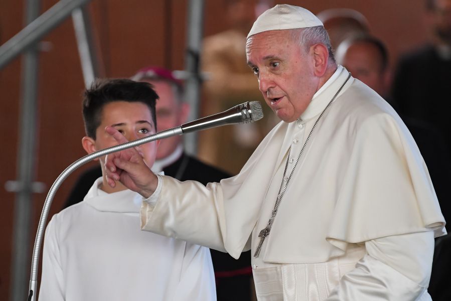 Pope Francis addresses boys who recently made their first communion, on June 16, 2019 in the diocese of Camerino-San Severino Marche. (Credit: TIZIANA FABI/AFP/Getty Images)