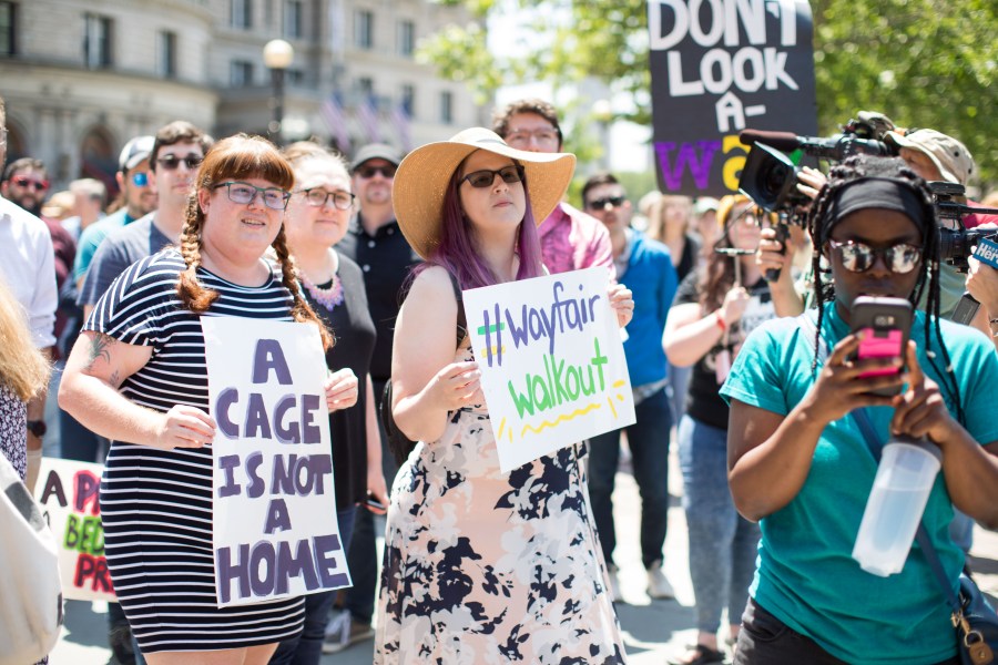 Wayfair employees in Boston participate in a walkout after the company sold more than $200,000 in bedroom furniture to a Texas detention facility for migrant children on June 26, 2019. (Credit: Scott Eisen/Getty Images)