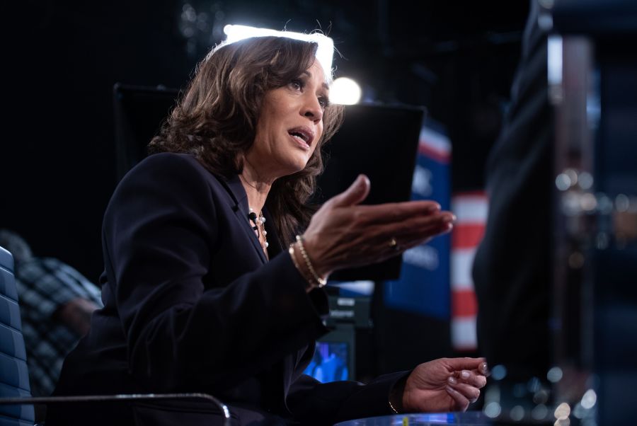 Democratic presidential hopeful US Senator for California Kamala Harris speaks with MSNBC host Chris Matthews in the Spin Room after the second Democratic primary debate of the 2020 presidential campaign season in Miami, Florida, June 27, 2019. (Credit: SAUL LOEB/AFP/Getty Images)