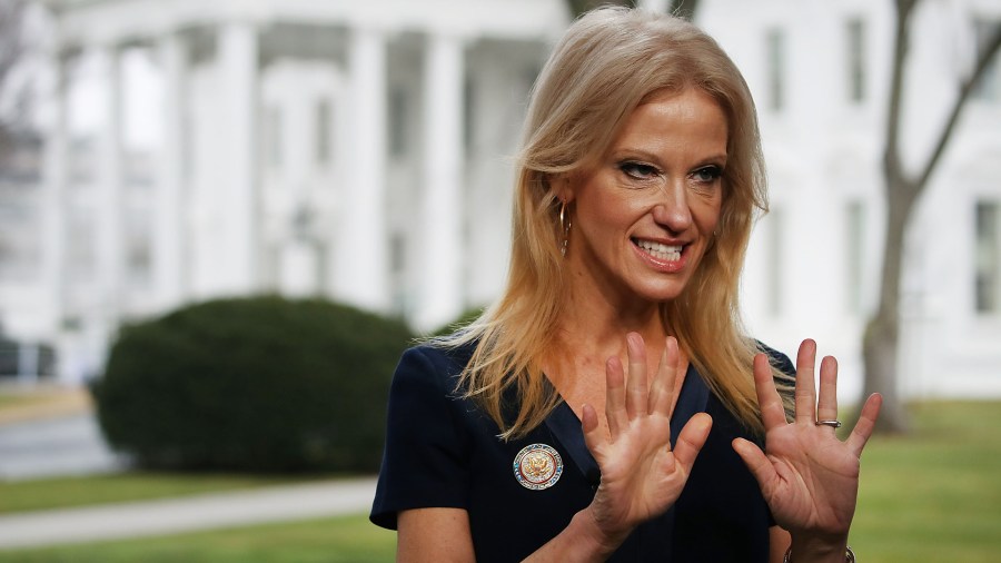 White House aide Kellyanne Conway prepares to appear on the Sunday morning show Meet The Press, from the north lawn at the White House, January 22, 2017 in Washington, DC. (Credit: Mark Wilson/Getty Images)