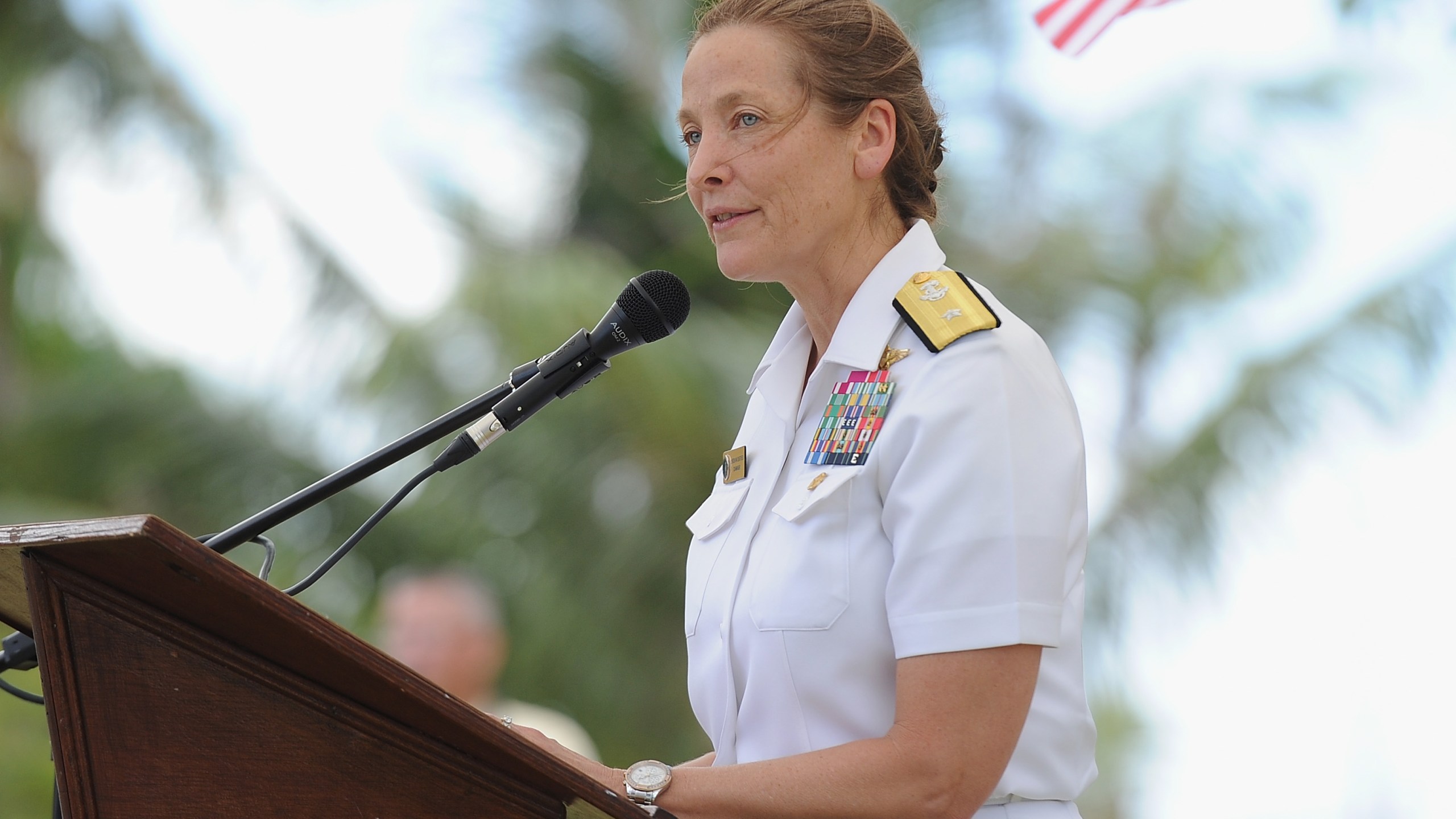 Rear Admiral, U.S. Navy Shoshana S. Chatfield speaks during the SMS Cormoran II 100 Years Memorial Ceremony at U.S Agana Navy Cemetery on April 7, 2017, in Guam. (Credit: Matt Roberts/Getty Images for GUAM VISITORS BUREAU)