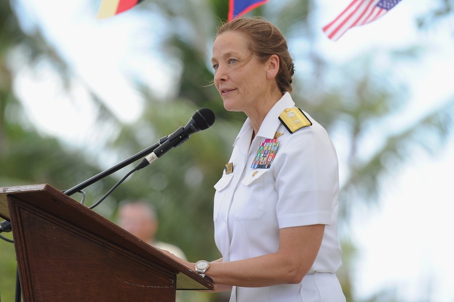 Rear Admiral, U.S. Navy Shoshana S. Chatfield speaks during the SMS Cormoran II 100 Years Memorial Ceremony at U.S Agana Navy Cemetery on April 7, 2017, in Guam. (Credit: Matt Roberts/Getty Images for GUAM VISITORS BUREAU)