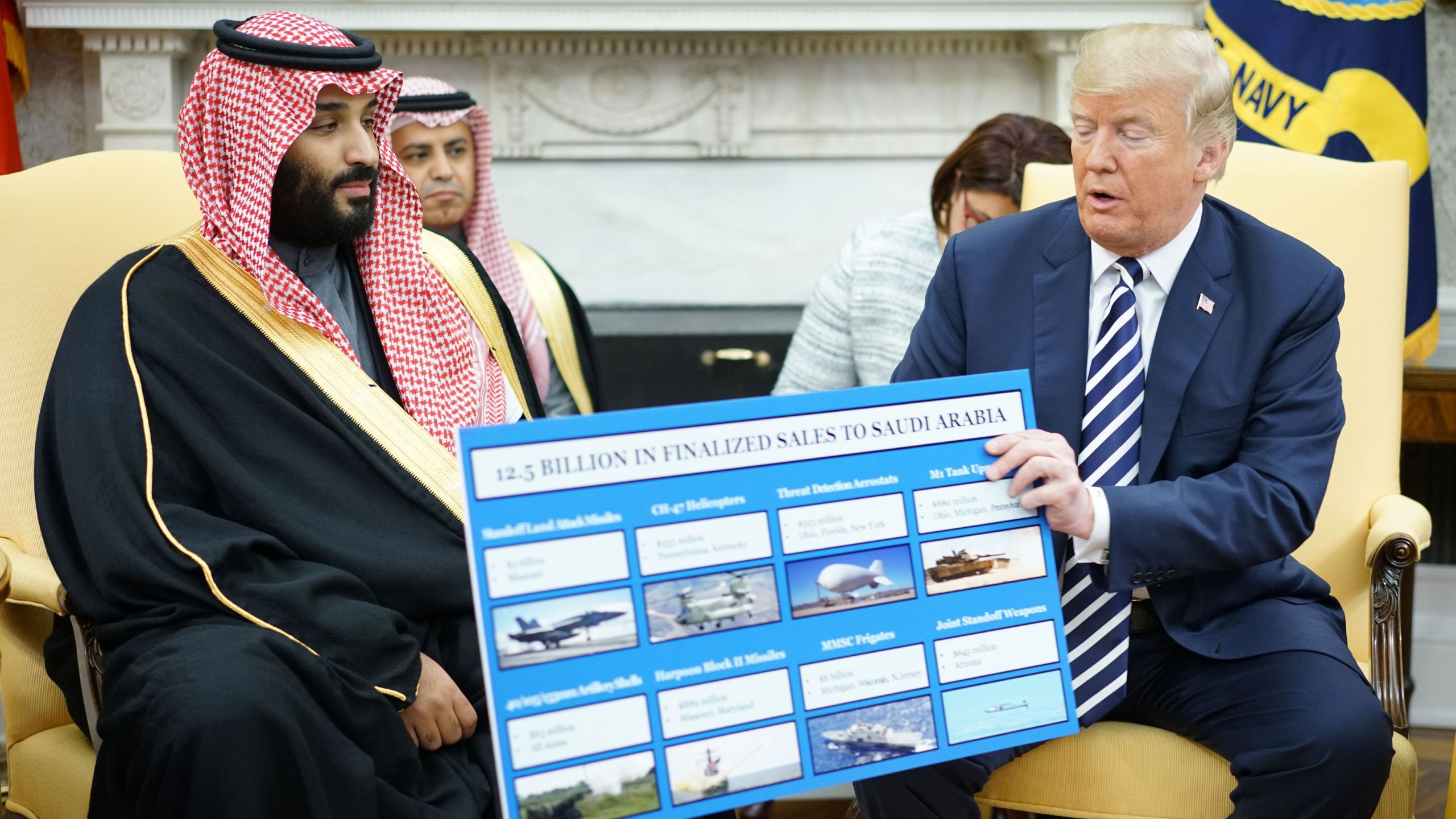 President Donald Trump holds a defense sales chart with Saudi Arabia's Crown Prince Mohammed bin Salman in the Oval Office of the White House on March 20, 2018 in Washington, DC. (Credit: MANDEL NGAN/AFP/Getty Images)