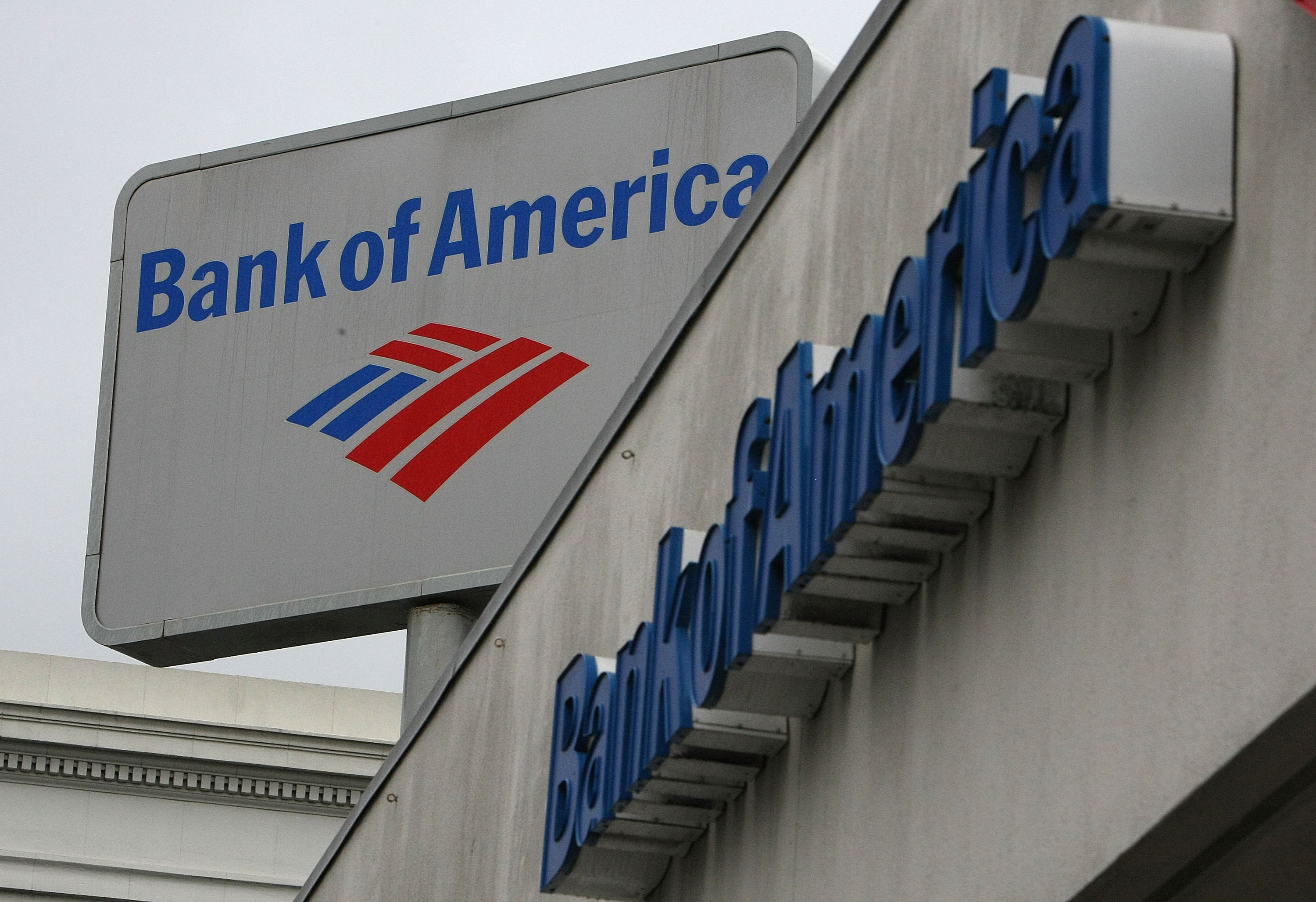 The Bank of America logo is displayed on the side of a Bank of America branch office January 20, 2010 in San Francisco, California. (Credit: Justin Sullivan/Getty Images)