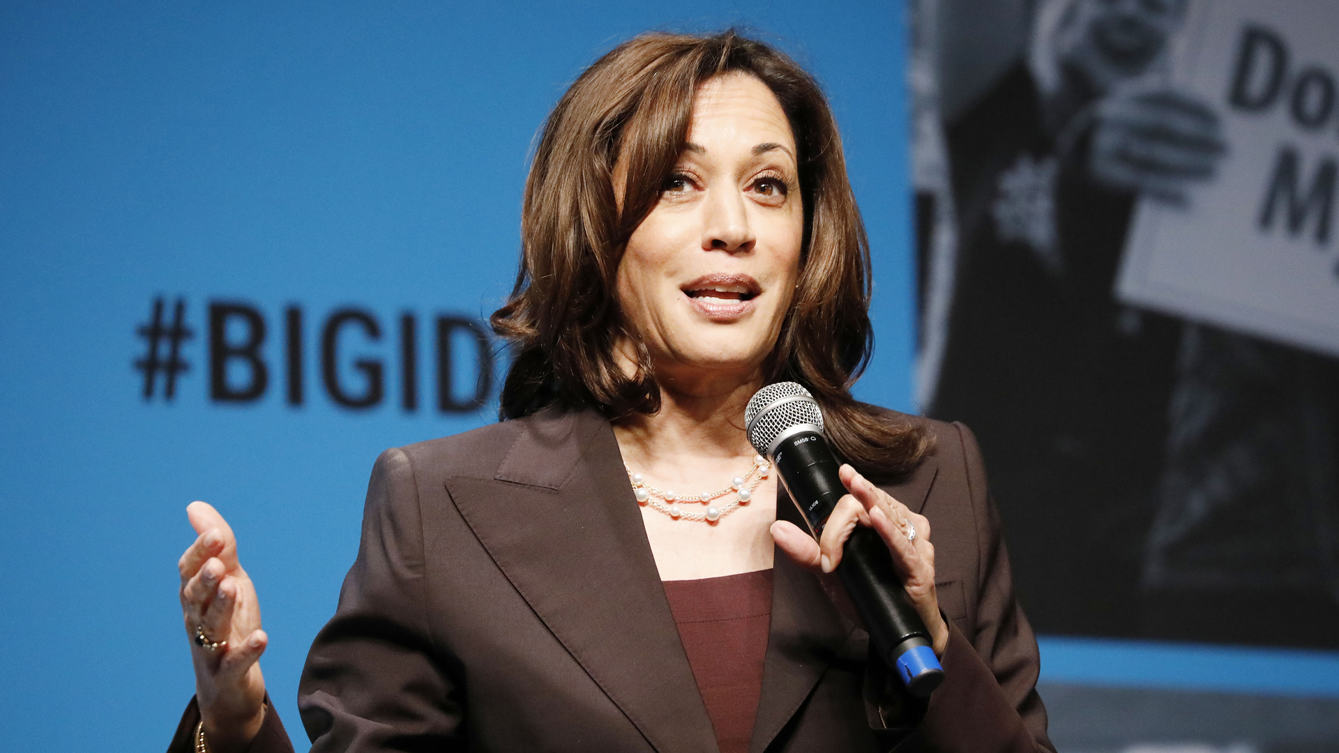 Kamala Harris speaks onstage at the MoveOn Big Ideas Forum at The Warfield Theatre on June 01, 2019 in San Francisco, California. (Credit Kimberly White/Getty Images for MoveOn)