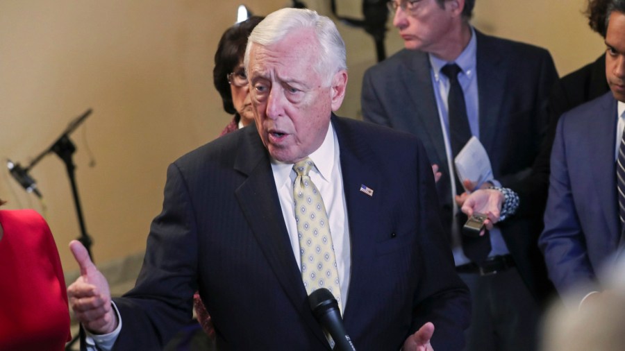 House Majority Leader Steny Hoyer speaks with reporters outside the House Chamber on Capitol Hill in Washington, DC in January 2019. (Credit: Alex Edelman/AFP/Getty Images)