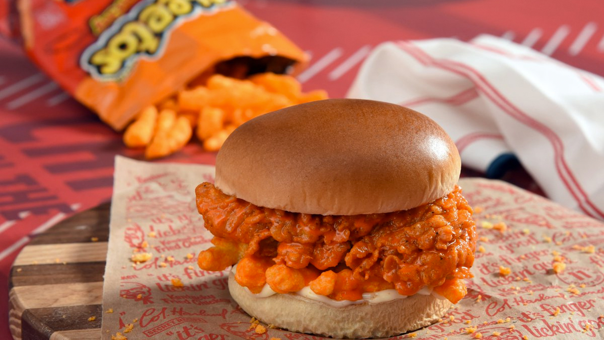 The new KFC Cheetos Sandwich is seen in a picture posted to KFC's Twitter feed.