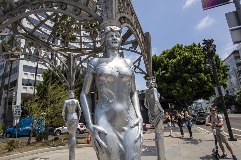 The "Four Ladies of Hollywood," a stainless steel, Art Deco-style gazebo at La Brea Avenue and Hollywood Boulevard, appears in an undated image. (Credit: Brian van der Brug / Los Angeles Times)