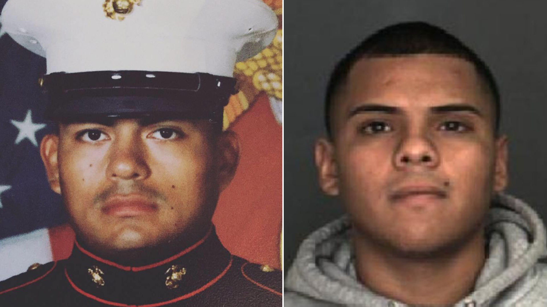 On the left, Douglas Rivas-Rauda, a U.S. Marine, is seen in a photo published on his Facebook page. On the right, Arturo Perez Medina, 22, is seen in an undated photo released by the San Bernardino Police Department.