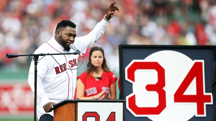 Former Boston Red Sox player David Ortiz #34 speaks during his jersey retirement ceremony before a game against the Los Angeles Angels of Anaheim at Fenway Park on June 23, 2017 in Boston, Massachusetts. (Credit: Adam Glanzman/Getty Images)