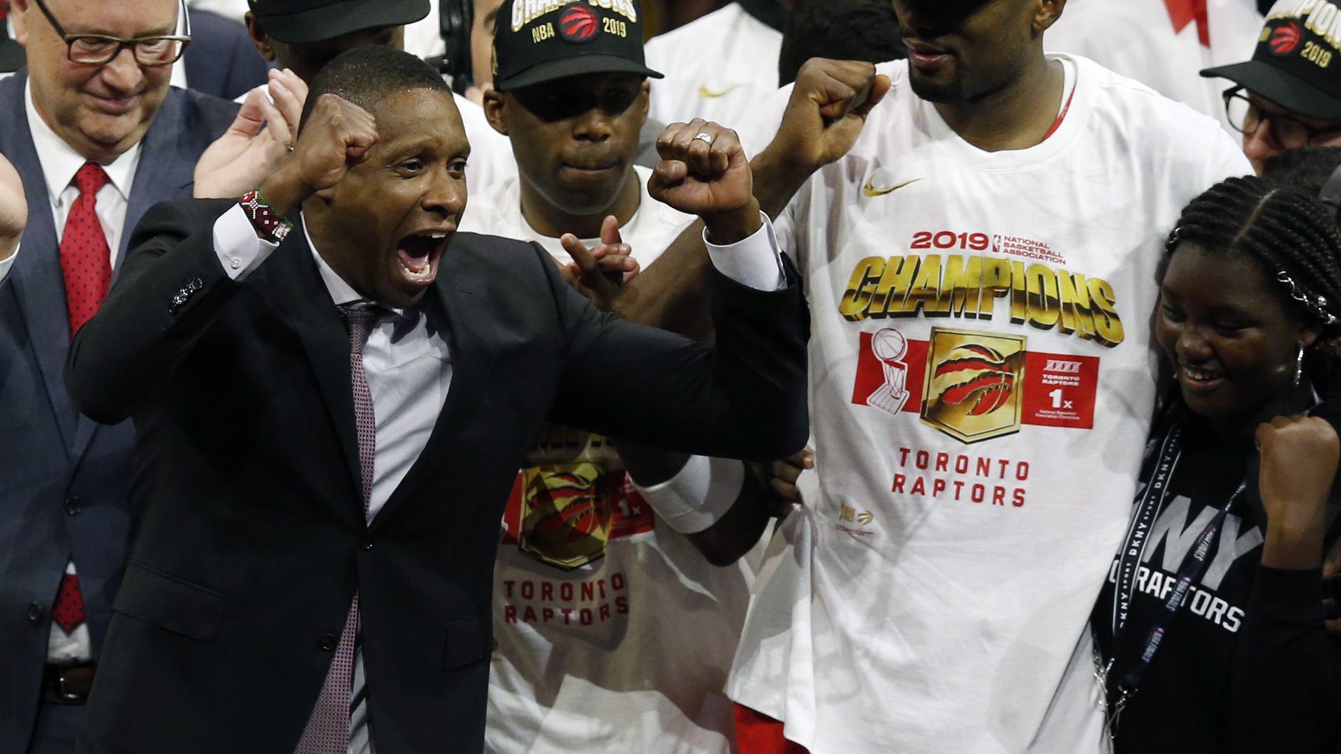 General Manager of the Toronto Raptors Masai Ujiri celebrates his team's victory over the Golden State Warriors to win Game Six of the 2019 NBA Finals at ORACLE Arena on June 13, 2019, in Oakland. (Credit: Lachlan Cunningham/Getty Images)