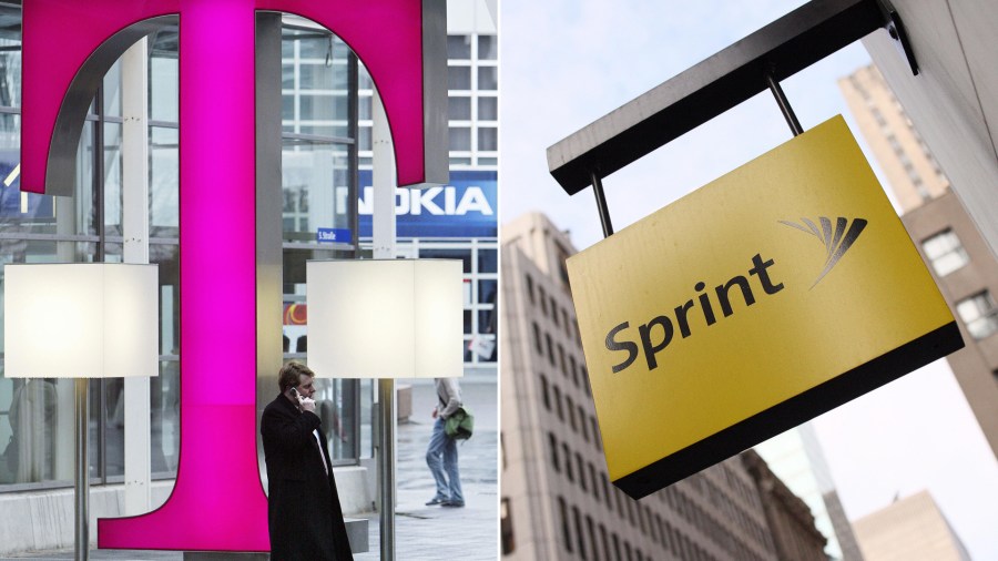 The T-Mobile and Sprint logos appear in file photos. (Credit: Getty Images)