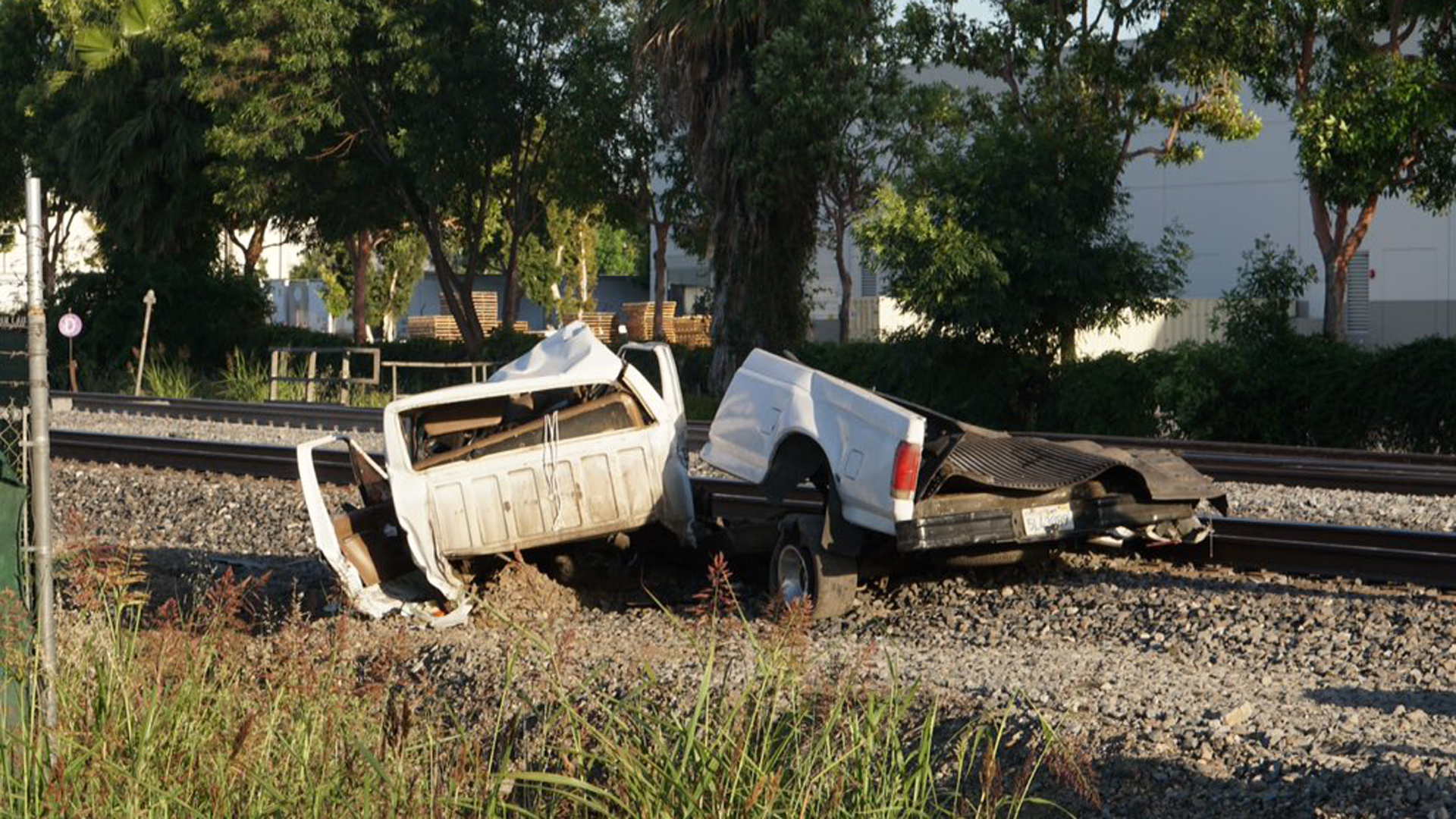 A pickup truck driver died after his truck was struck by a freight train on the border between Hacienda Heights and Industry on June 9, 2019. (Credit: Joshua D. Sanchez)