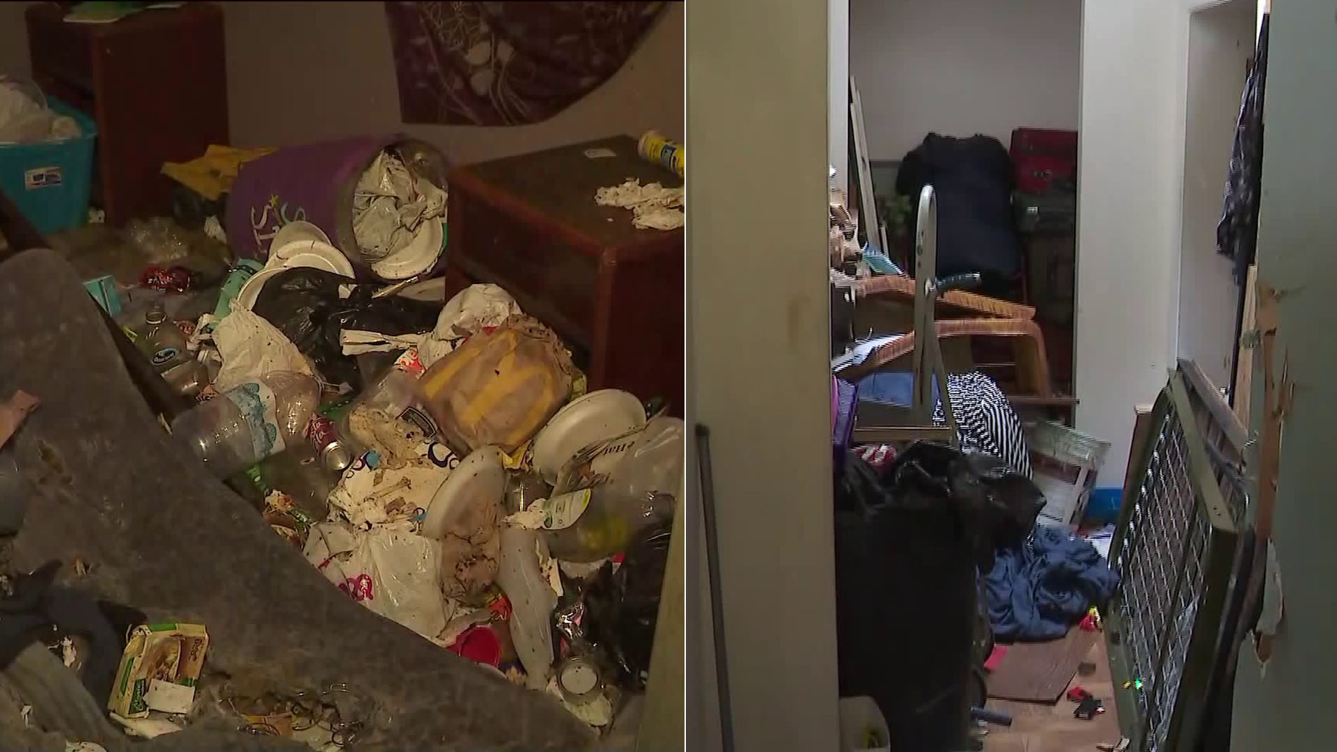 Trash covering a room in the Vermont-Slauson building where 40 people were evacuated on June 21, 2019. (Credit: KTLA)