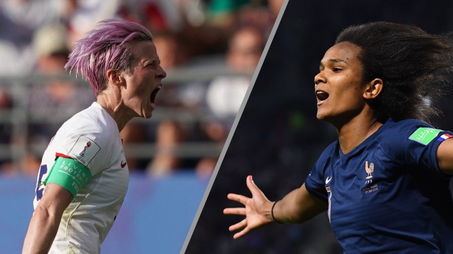 Left: Team USA's Megan Rapinoe celebrates after scoring a goal during the France 2019 Women's World Cup round of sixteen football match between Spain and USA, on June 24, 2019. Right: France's defender Wendie Renard celebrates after scoring a penalty kick during the France 2019 Women's World Cup Group A football match between Nigeria and France, on June 17, 2019. (Credit: FRANCK FIFE/AFP/Getty Images)