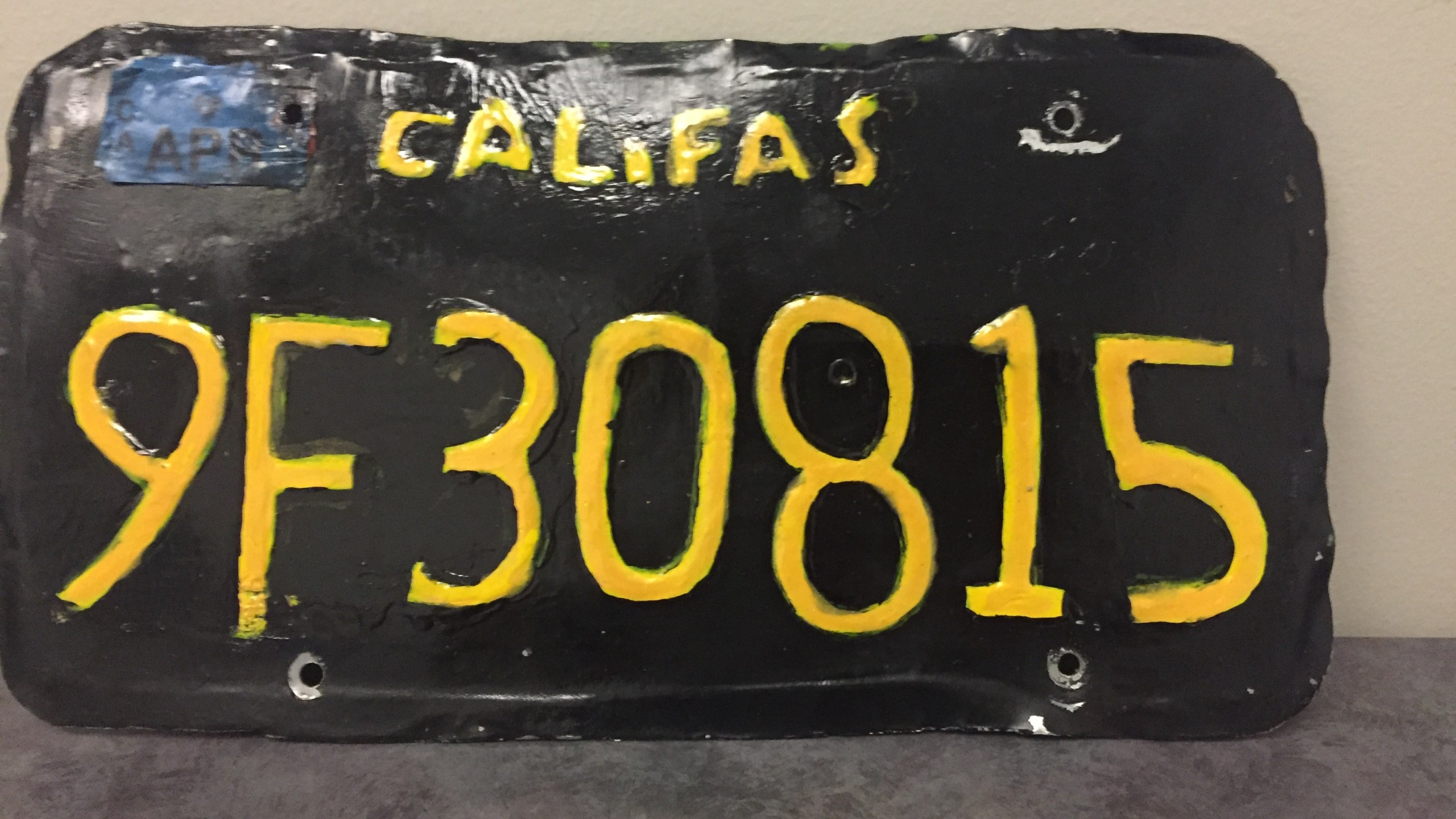 A counterfeit license plate that led to the arrest of a tractor-trailer driver in Moorpark appears in an image released by the Ventura County Sheriff's Office on June 10, 2019.