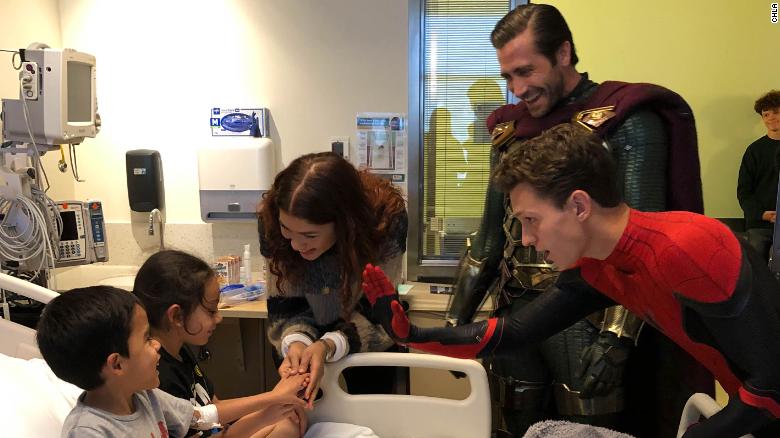 Zendaya and Jake Gyllenhaal and Tom Holland visit with patients at Children's Hospital Los Angeles in a photo provided by the hospital on July 1, 2019.