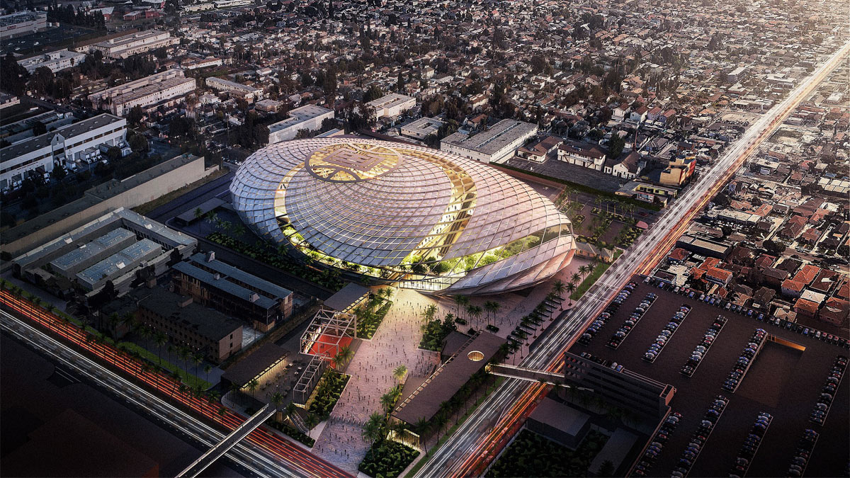 An aerial view of the Clippers' proposed arena in Inglewood is seen in a rendering released by the team on July 25, 2019.