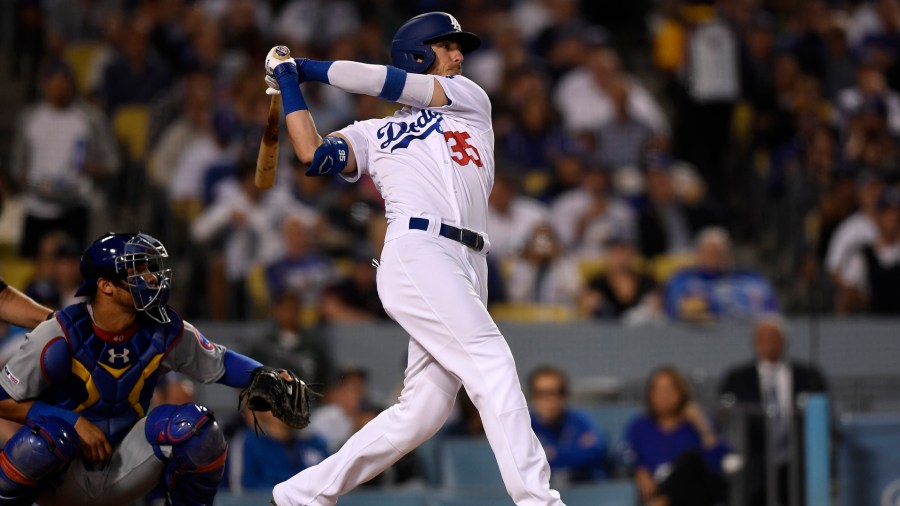 Cody Bellinger of the Los Angeles Dodgers hits a two run home against pitcher Jon Lester of the Chicago Cubs during the fourth inning at Dodger Stadium on June 13, 2019. (Credit: Kevork Djansezian/Getty Images)