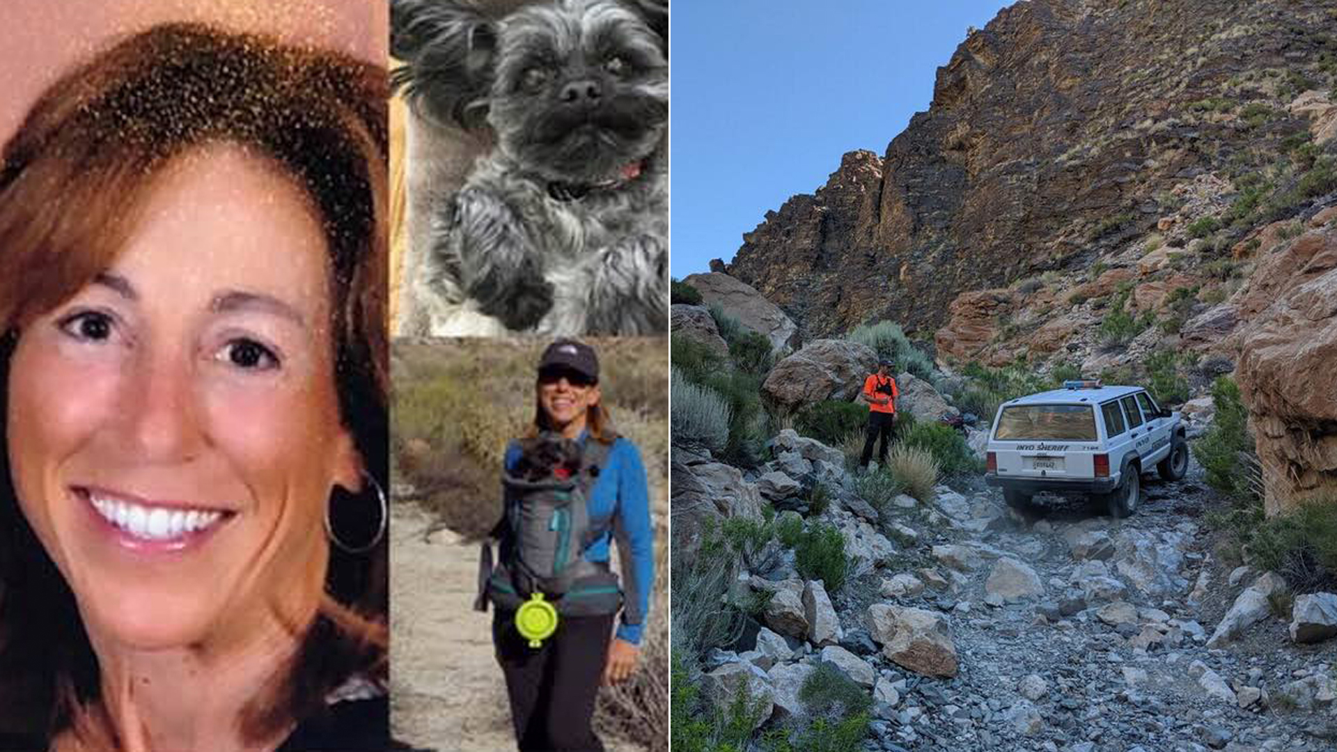 Sheryl Powell and her dog are seen in photos released by her family on July 15, 2019. The Inyo County Sheriff's Office released the image on the right on July 14, 2019 in an announcement of her disappearance.