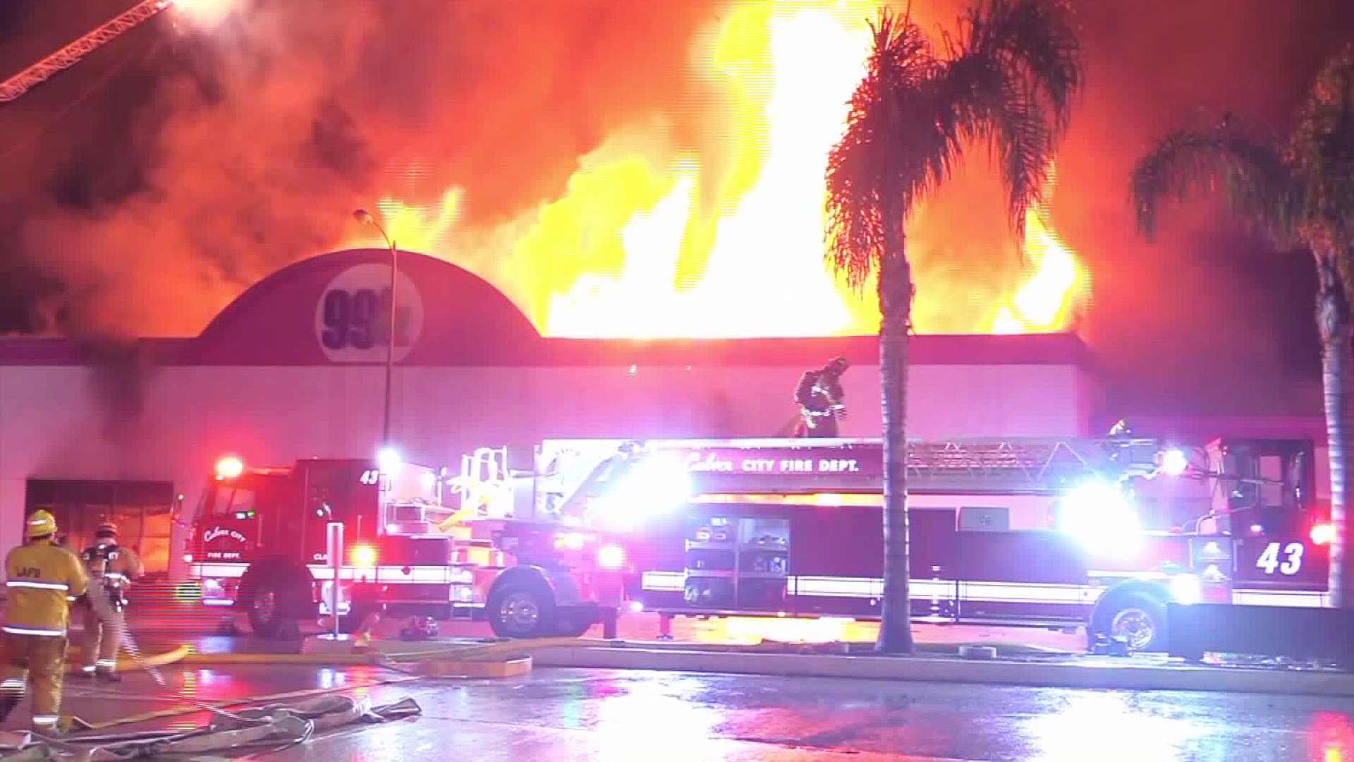 Firefighters battle a blaze at a 99 Cents Only store in Culver City on July 22, 2019. (Credit: ANG News)