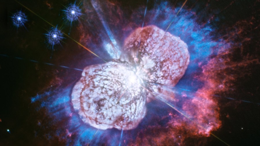 Although the timing of the latest image from the Hubble Space Telescope coincides with the upcoming July 4 holiday, the cosmic fireworks captured in it have been unfolding over two centuries. (Credit: NASA/ESA/N. Smith/J. Morse)