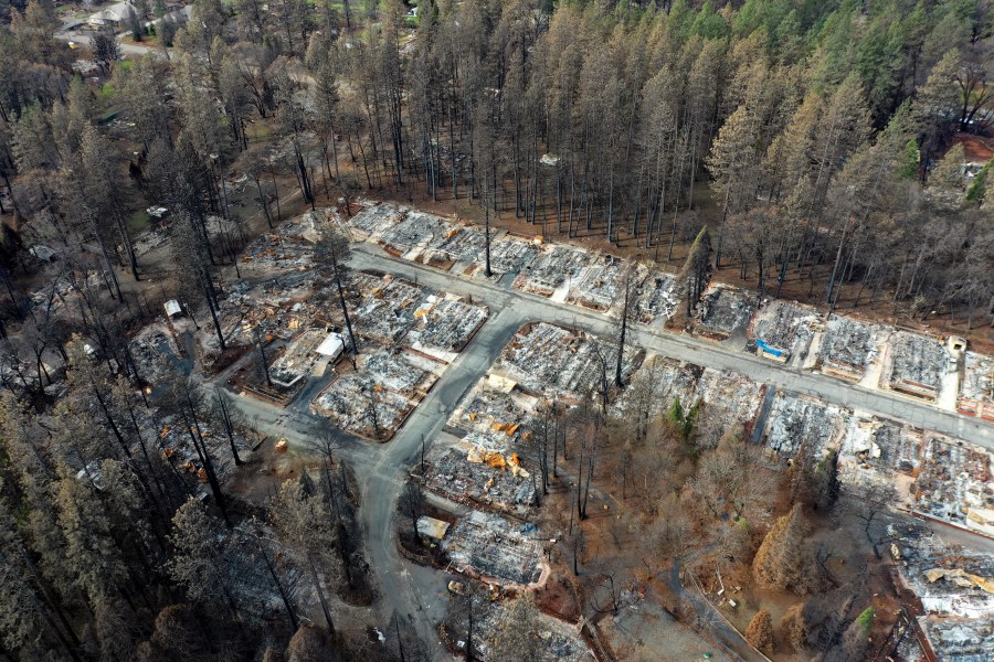 An aerial view of homes destroyed by the Camp Fire on February 11, 2019 in Paradise, California. (Credit: Justin Sullivan/Getty Images)