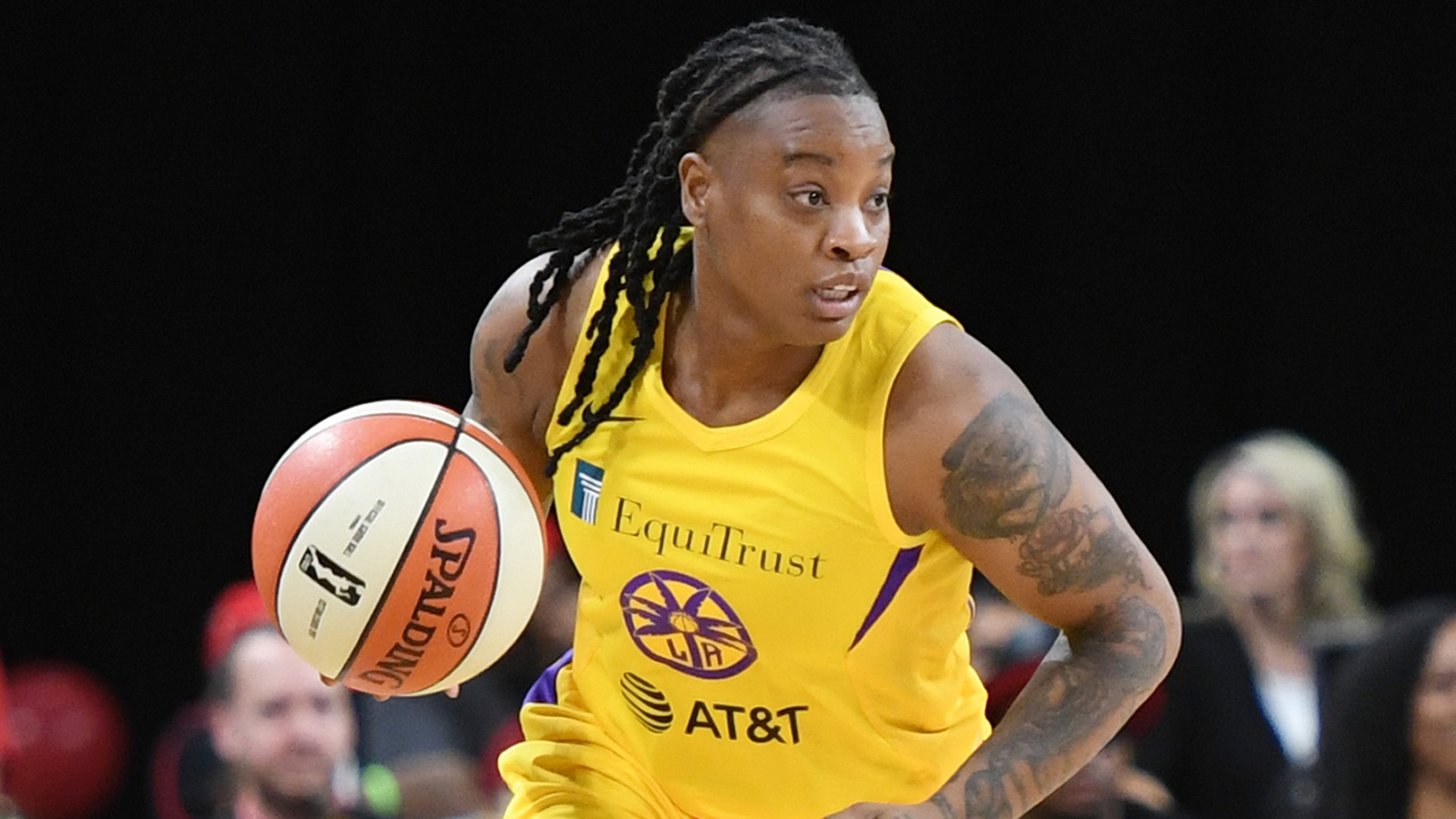 Riquna Williams #2 of the Los Angeles Sparks brings the ball up the court against the Las Vegas Aces during their game at the Mandalay Bay Events Center on May 26, 2019 in Las Vegas, Nevada. (Credit: Ethan Miller/Getty Images)