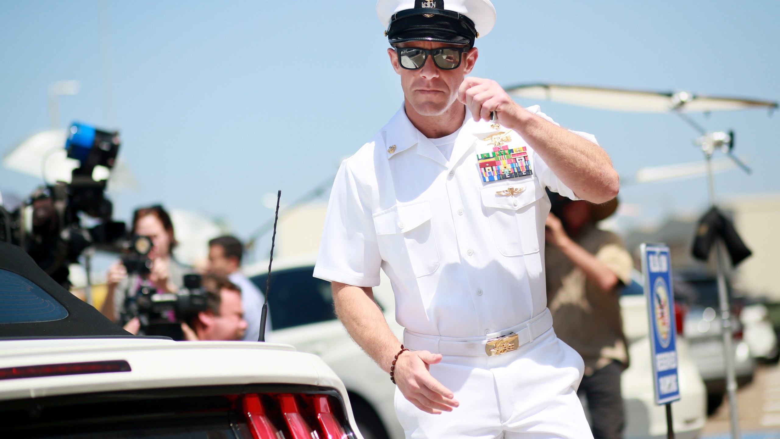 Navy Special Operations Chief Edward Gallagher walks out of military court in San Diego during lunch recess on July 2, 2019. (Credit: Sandy Huffaker / Getty Images)