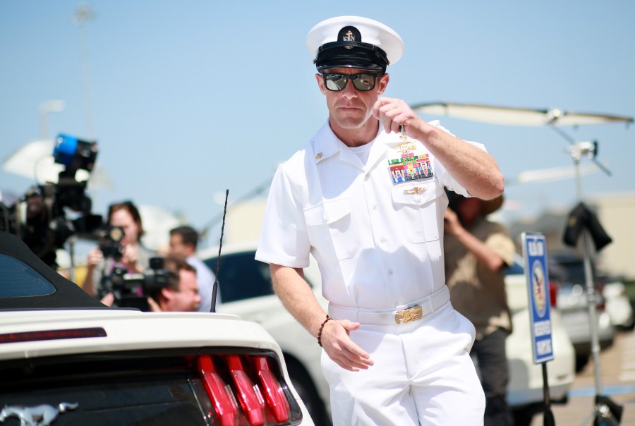 Navy Special Operations Chief Edward Gallagher walks out of military court in San Diego during lunch recess on July 2, 2019. (Credit: Sandy Huffaker / Getty Images)