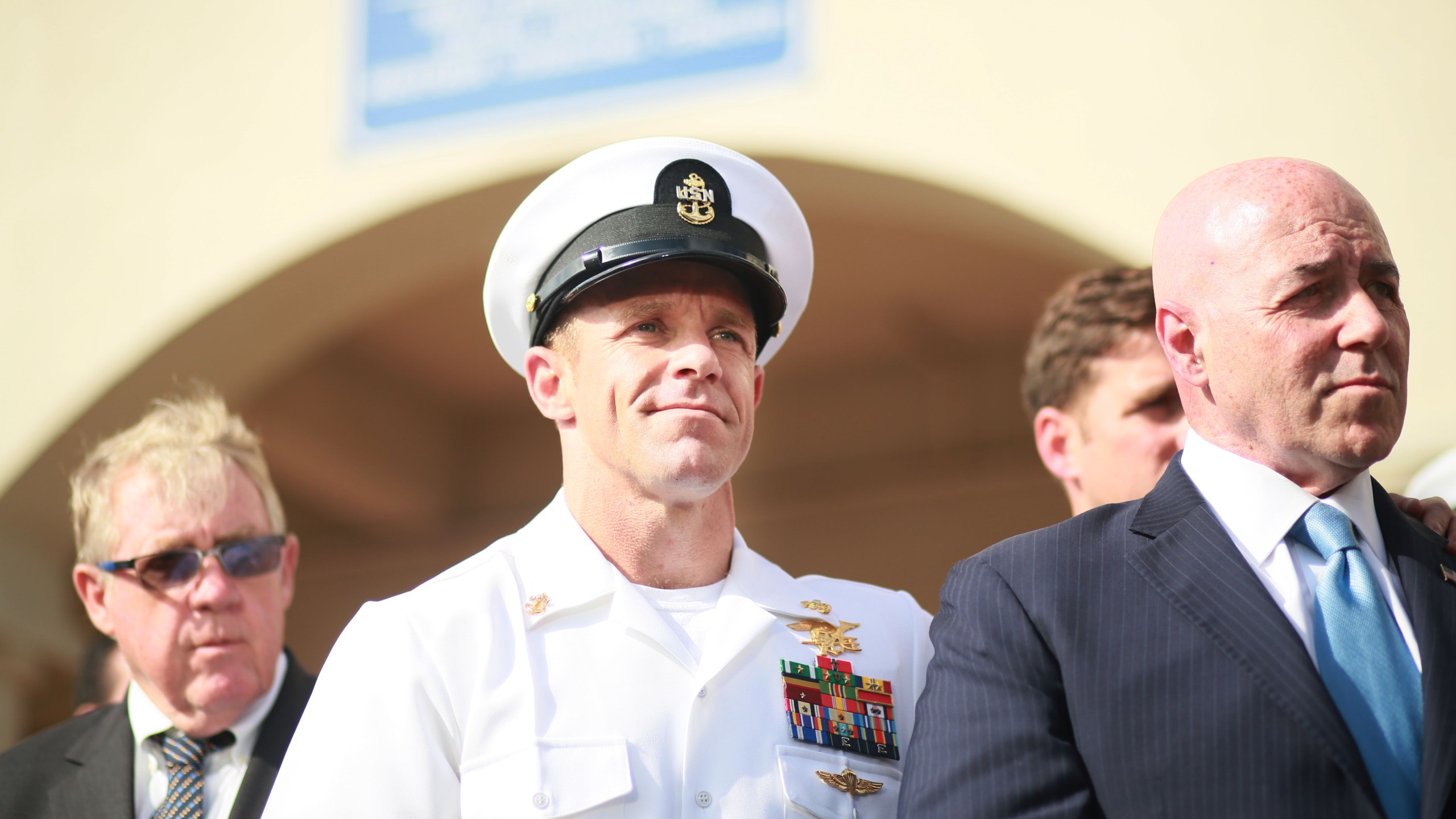 Navy Special Operations Chief Edward Gallagher celebrates after being acquitted of premeditated murder at Naval Base San Diego July 2, 2019. (Credit: Sandy Huffaker/Getty Images)