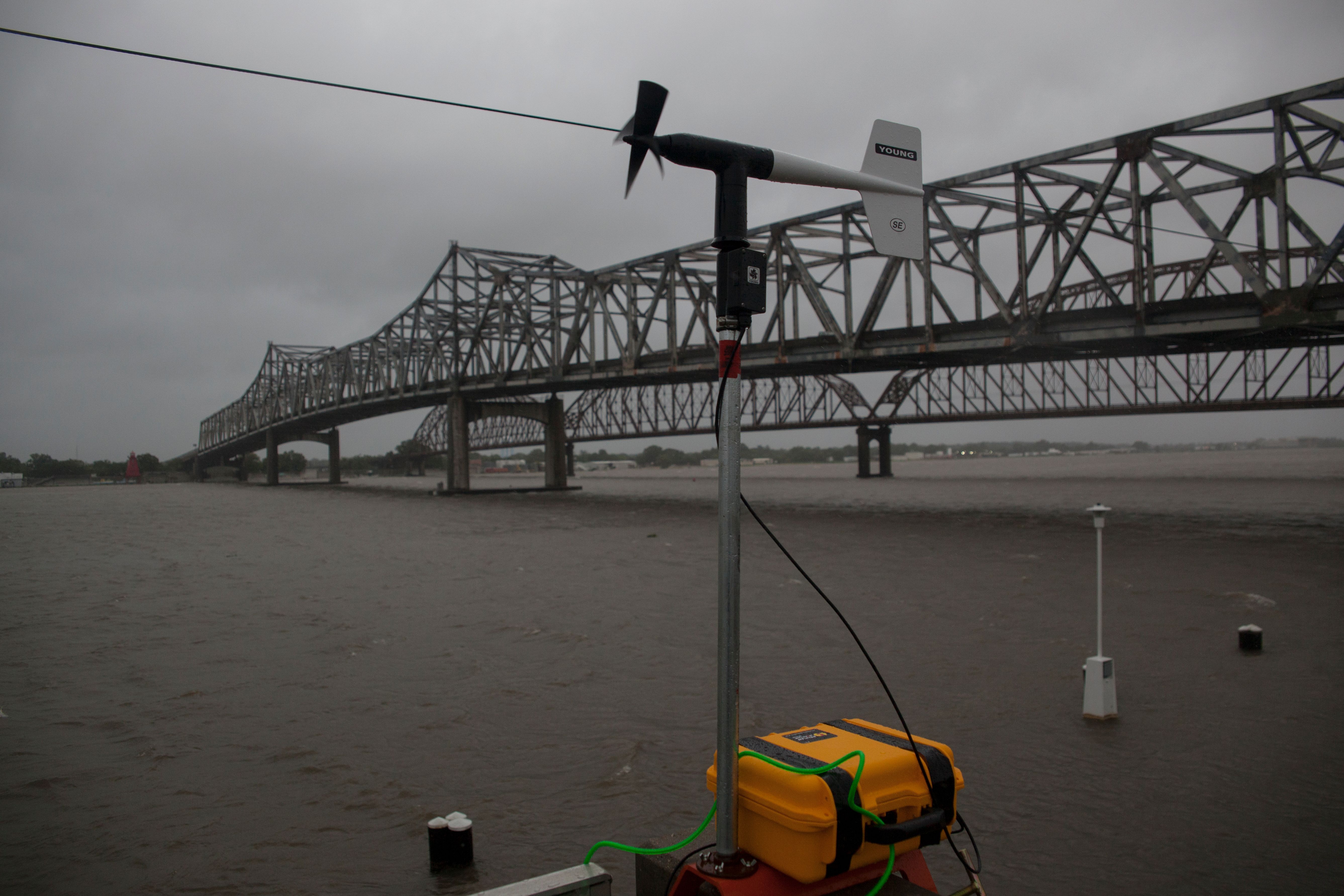 A wind gauge checks wind speeds and wind gusts along the Berwick River in Morgan City, Louisiana ahead of Tropical Storm Barry Saturday on July 13,2019. (Credit: SETH HERALD/AFP/Getty Images)