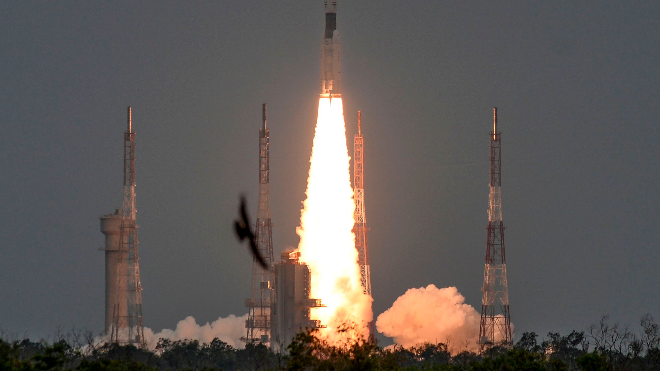 The Indian Space Research Organisation's (ISRO) Chandrayaan-2 (Moon Chariot 2), with on board the Geosynchronous Satellite Launch Vehicle (GSLV-mark III-M1), launches at the Satish Dhawan Space Centre in Sriharikota, an island off the coast of southern Andhra Pradesh state, on July 22, 2019. (Credit: ARUN SANKAR/AFP/Getty Images)