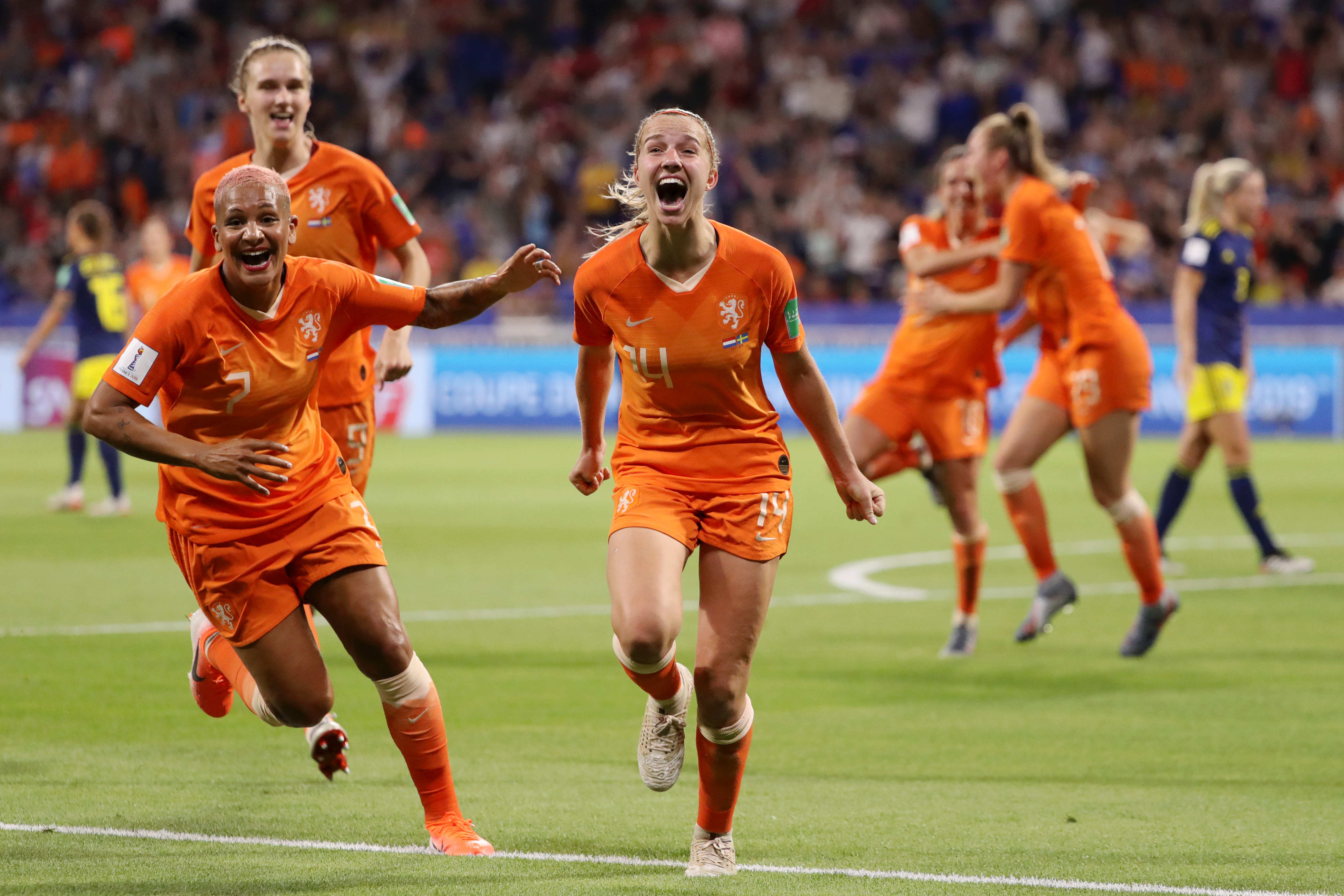 Jackie Groenen of the Netherlands celebrates after scoring her team's first goal during the 2019 FIFA Women's World Cup France Semi Final match between Netherlands and Sweden at Stade de Lyon on July 3, 2019, in Lyon, France. (Credit: Robert Cianflone/Getty Images)