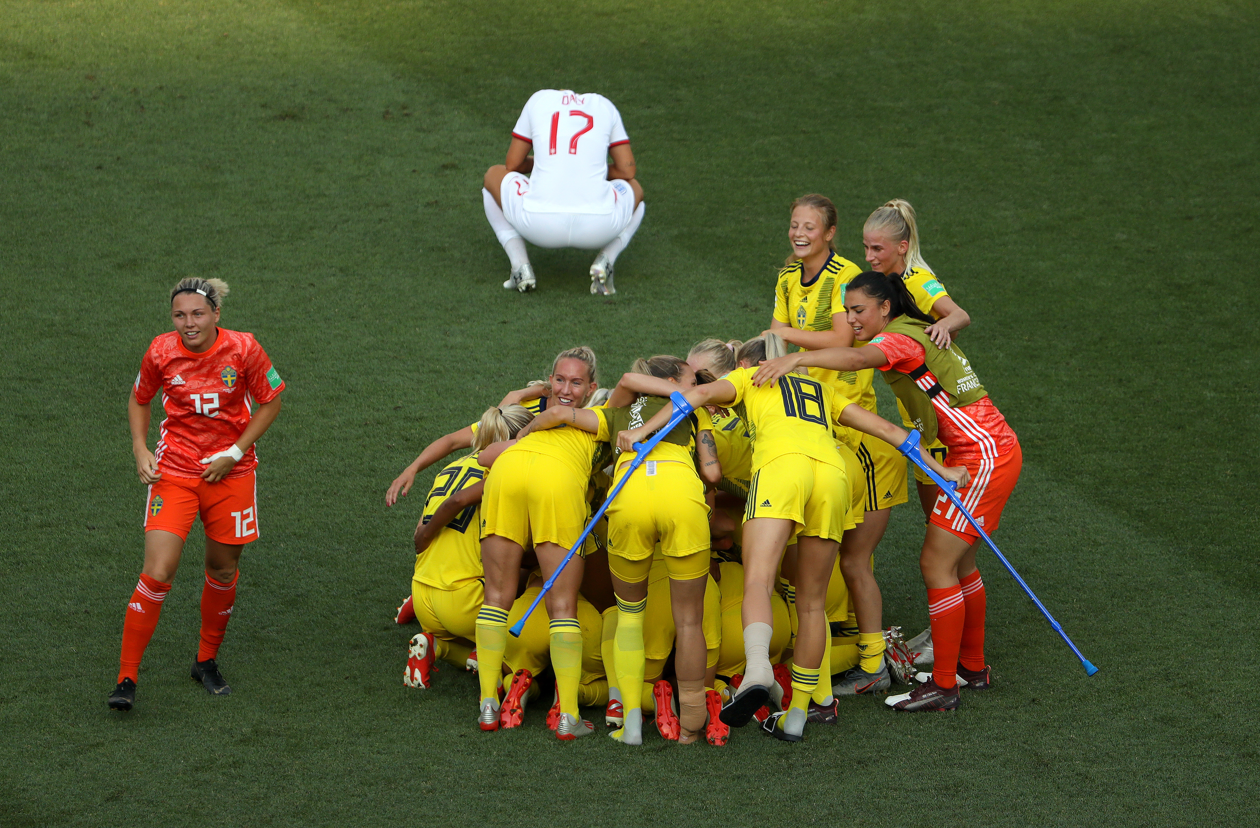 The Sweden players celebrate following their side's victory in the 2019 FIFA Women's World Cup France 3rd Place Match match between England and Sweden at Stade de Nice on July 6, 2019 in Nice, France. (Credit: Robert Cianflone/Getty Images)