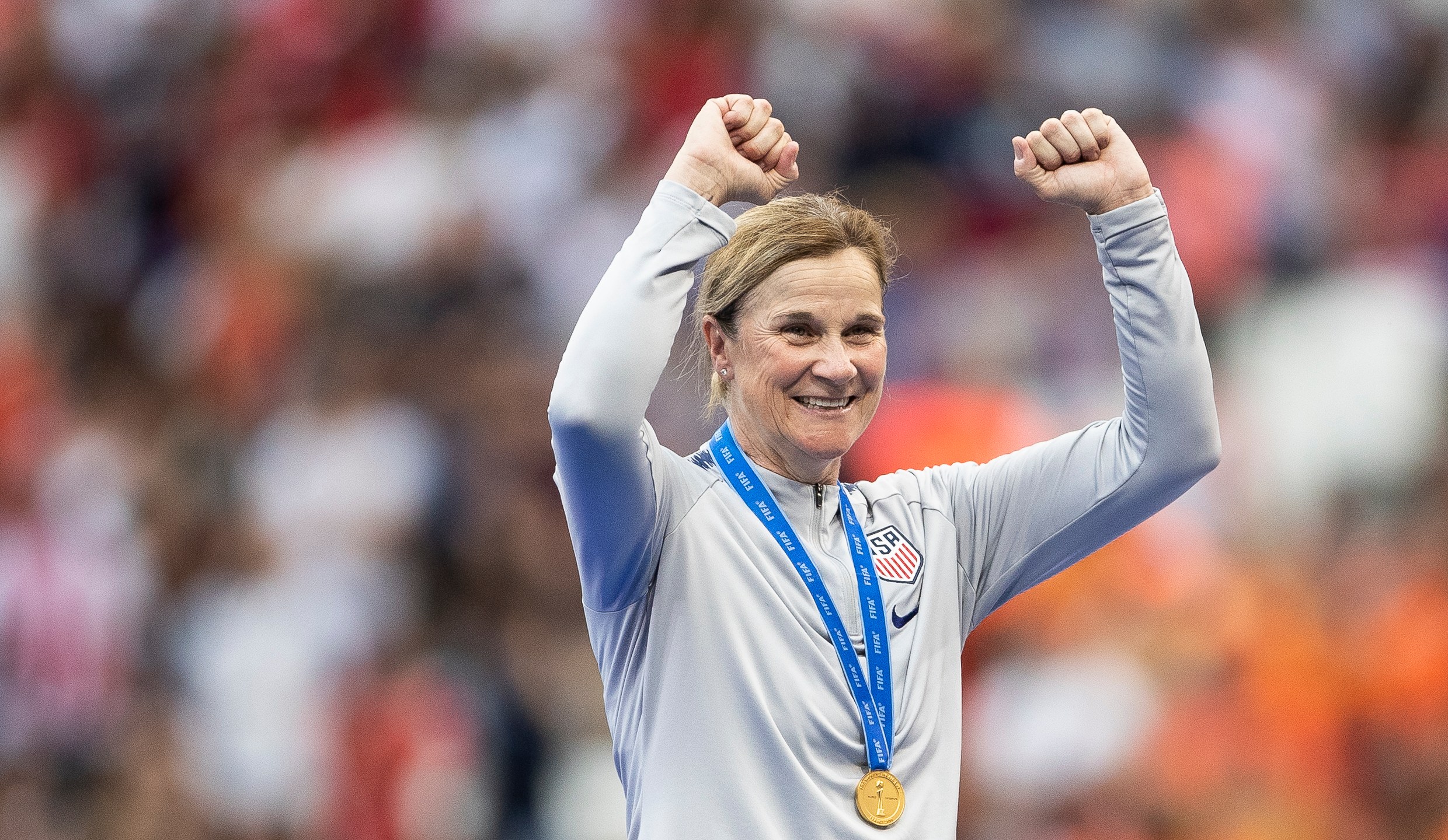 Jill Ellis, Head Coach of USA celebrates following her sides victory in the 2019 FIFA Women's World Cup Final match between the U.S. and Netherlands at Stade de Lyon on July 07, 2019. (Credit: Maja Hitij/Getty Images)