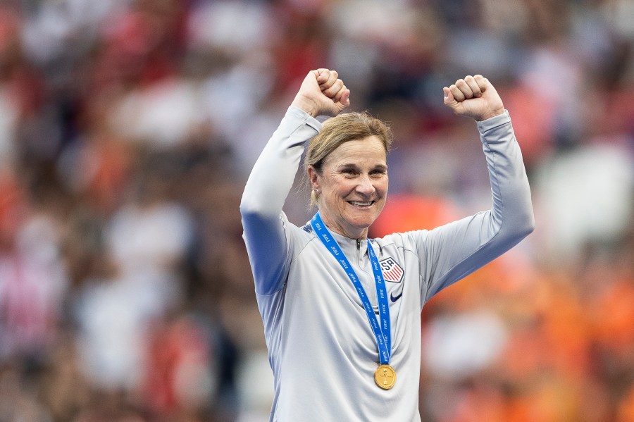 Jill Ellis, Head Coach of USA celebrates following her sides victory in the 2019 FIFA Women's World Cup Final match between the U.S. and Netherlands at Stade de Lyon on July 07, 2019. (Credit: Maja Hitij/Getty Images)