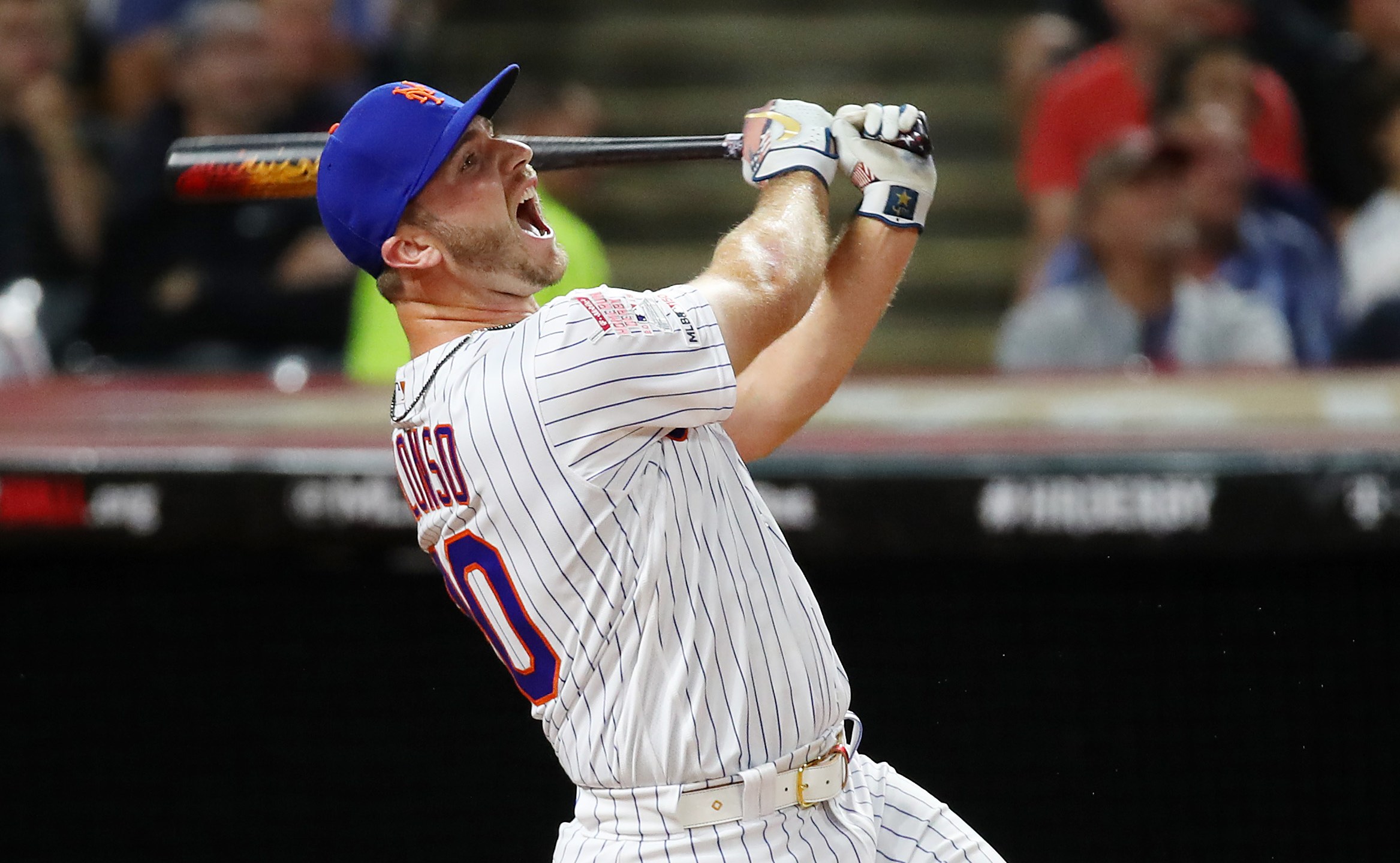 Pete Alonso of the New York Mets competes in the T-Mobile Home Run Derby at Progressive Field on July 08, 2019 in Cleveland, Ohio. (Credit: Gregory Shamus/Getty Images)