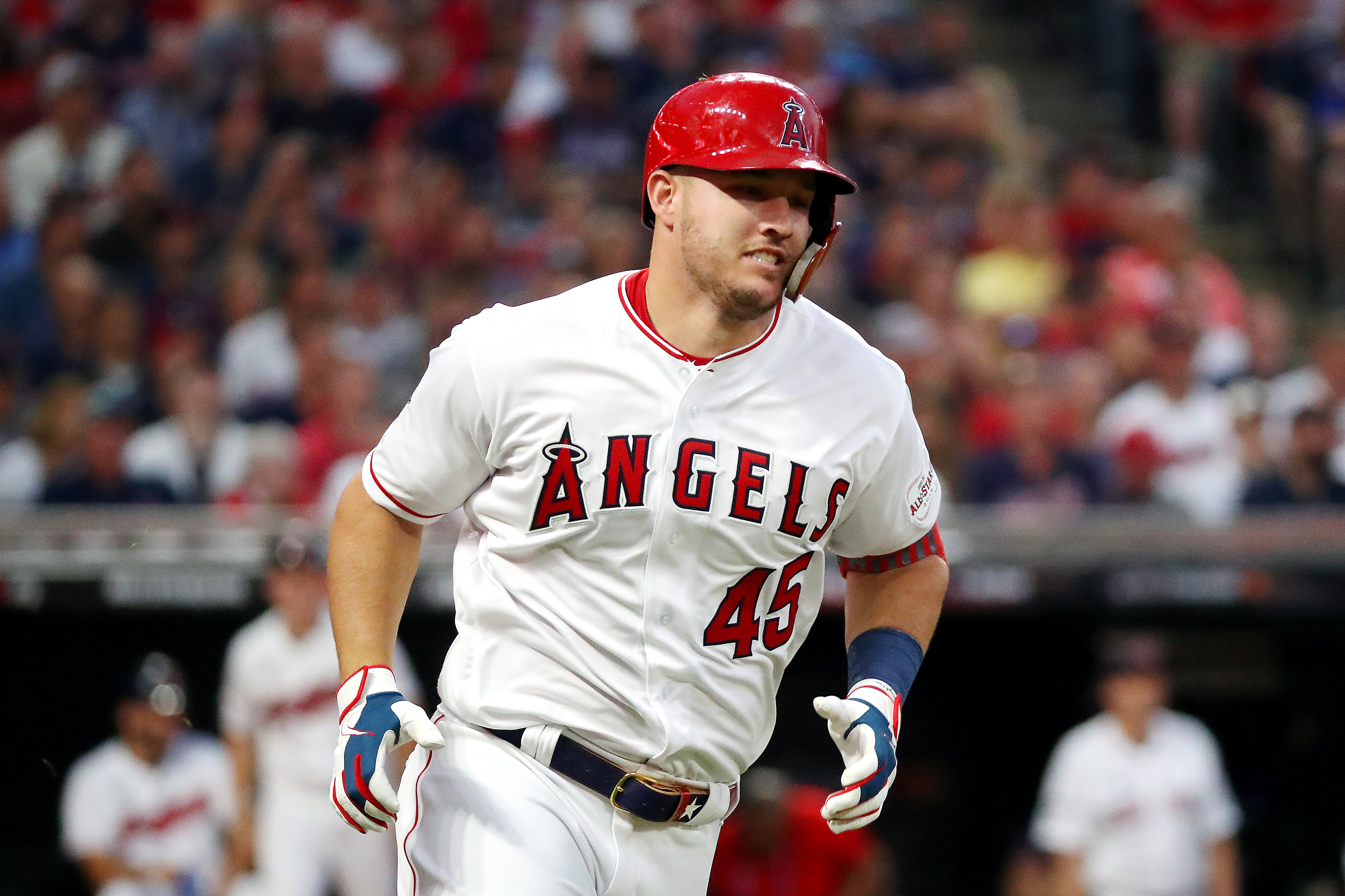 Mike Trout of the Los Angeles Angels and the American League wears No. 45 in honor of his late teammate Tyler Skaggs during the 2019 MLB All-Star Game in Cleveland, Ohio, on July 9, 2019. (Credit: Gregory Shamus / Getty Images)