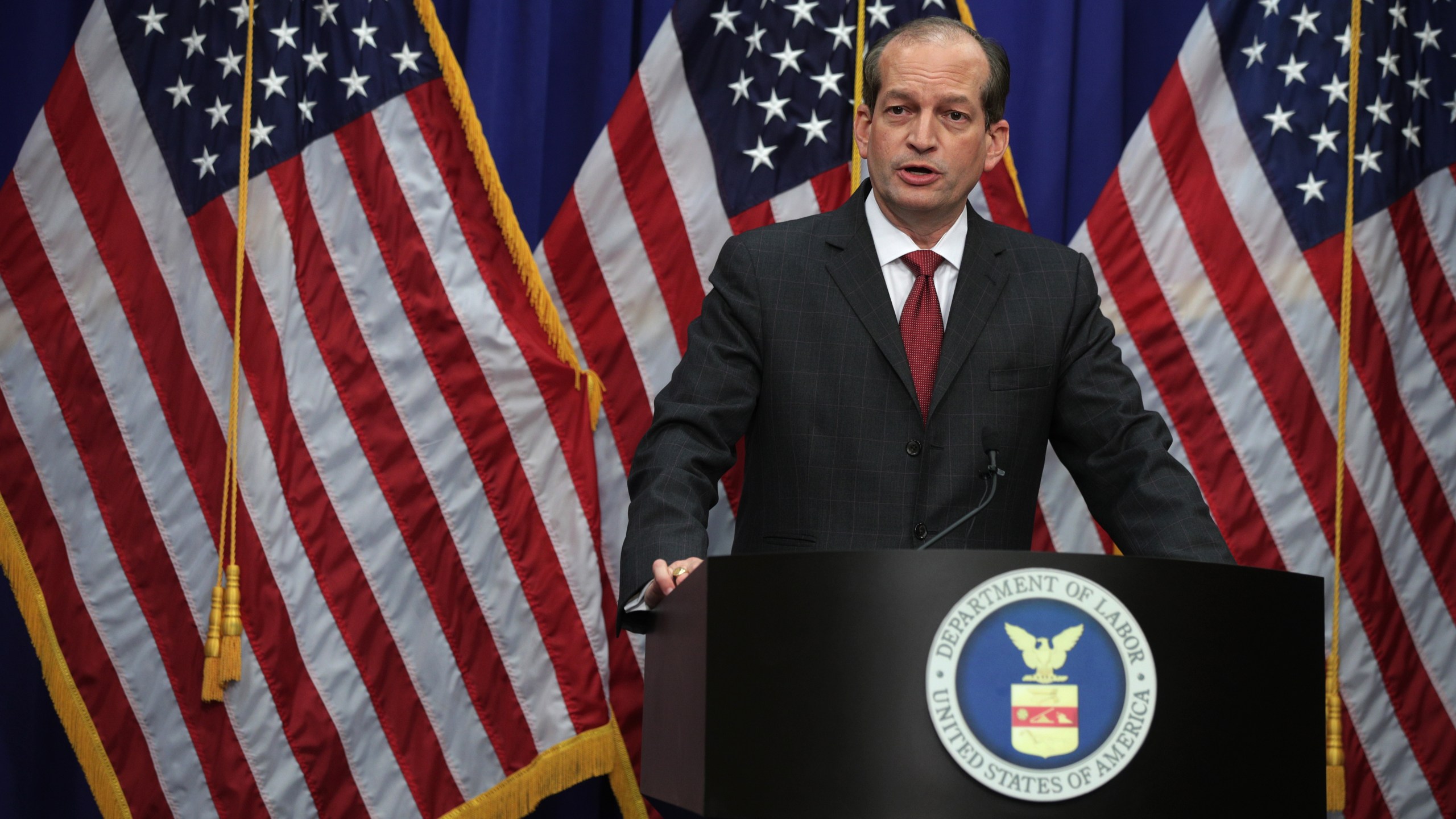 Secretary of Labor Alex Acosta speaks during a press conference at the Labor Department in Washington, D.C. on July 10, 2019. (Credit: Alex Wong/Getty Images)