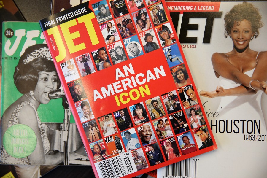 The final print edition of Jet magazine with a cover declaring it "an American icon" is displayed with vintage copies of the magazine at the Chicago offices of Johnson Publishing Company on June 9, 2014. (Credit: Scott Olson / Getty Images)